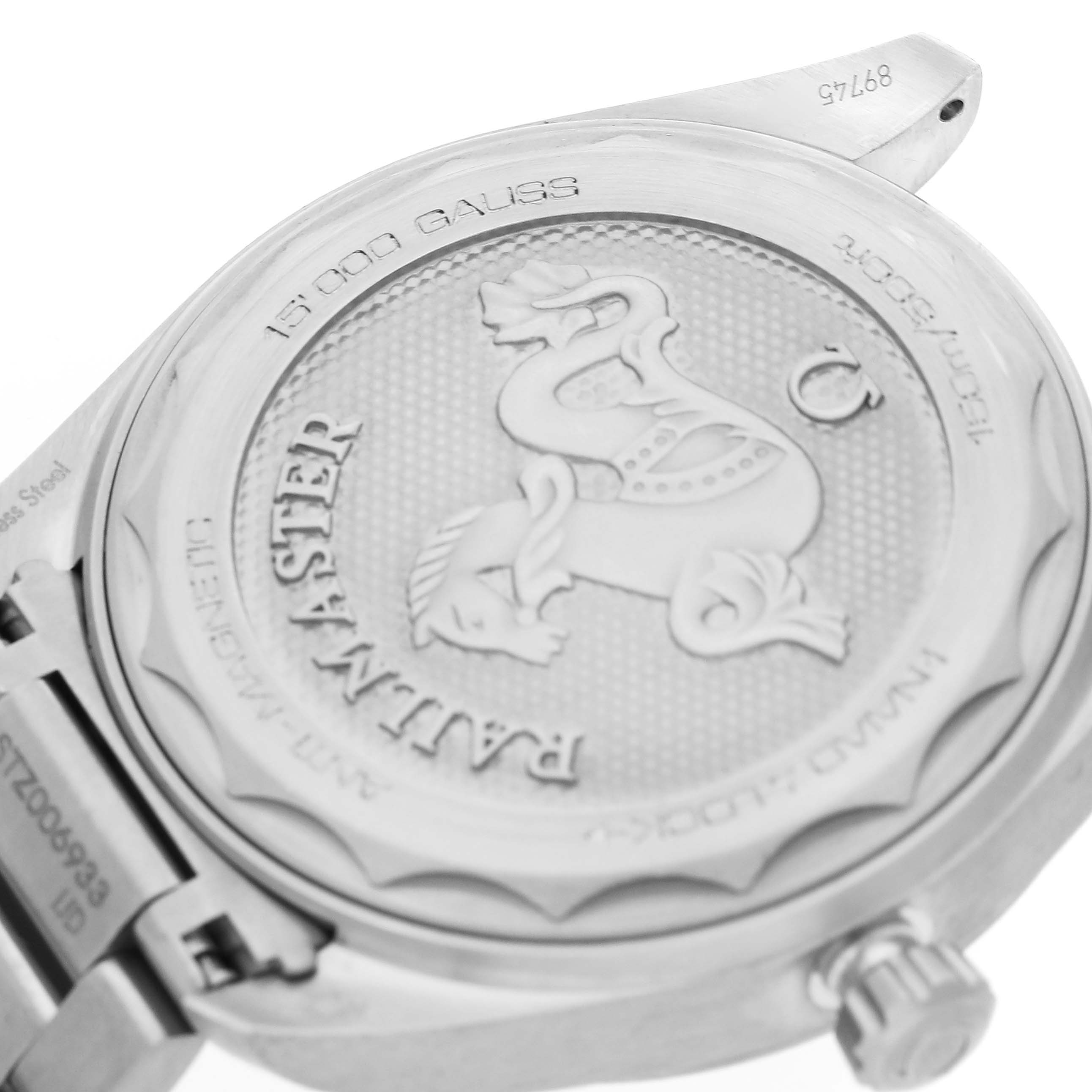 The image shows the back case of the Omega Aqua Terra 220.10.40.20.06.001 Men's Stainless Steel Grey Dial watch, highlighting the engraving and markings.