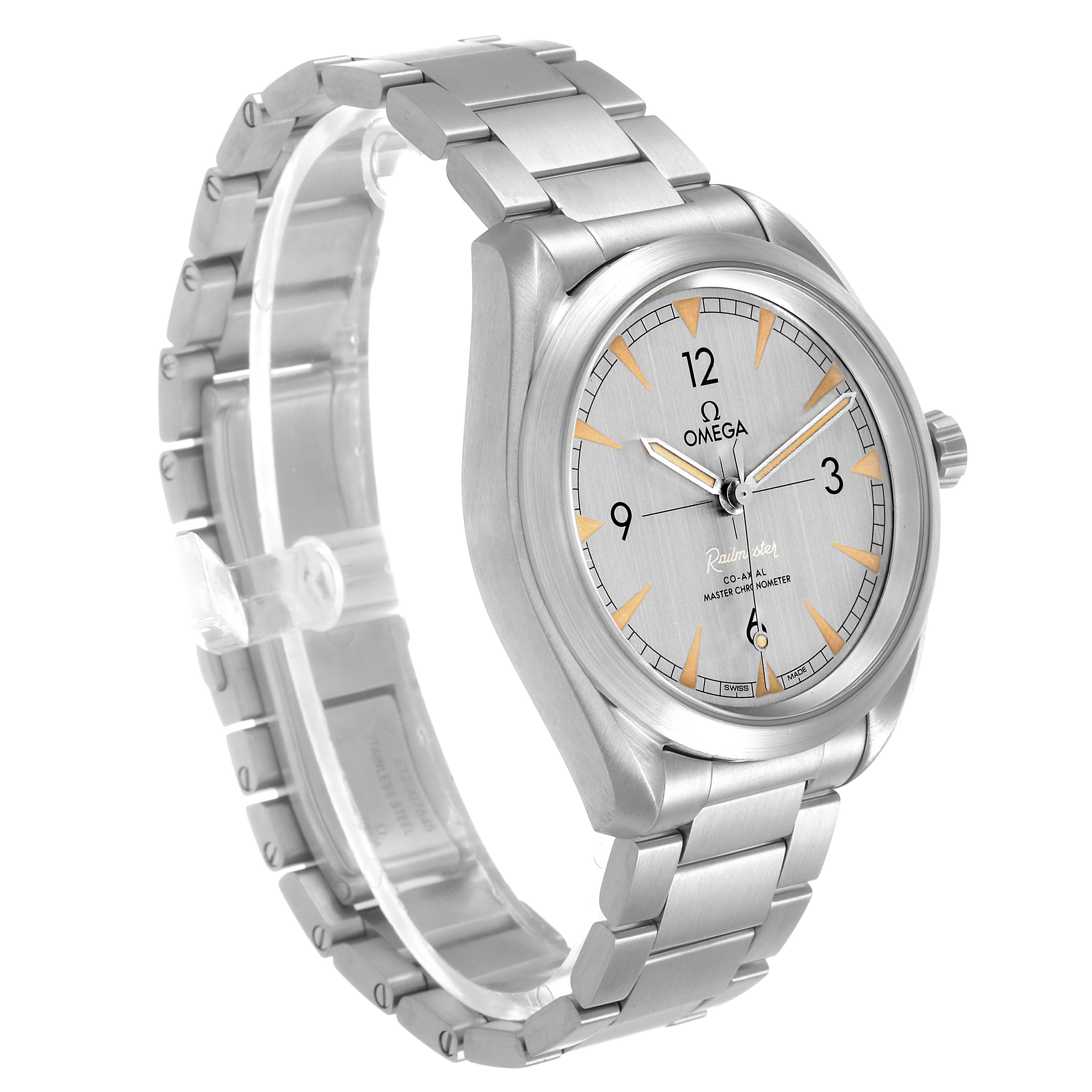 The Omega Aqua Terra 220.10.40.20.06.001 Men's Stainless Steel Grey Dial watch is shown at a three-quarter angle, displaying the face, lugs, crown, and steel bracelet.
