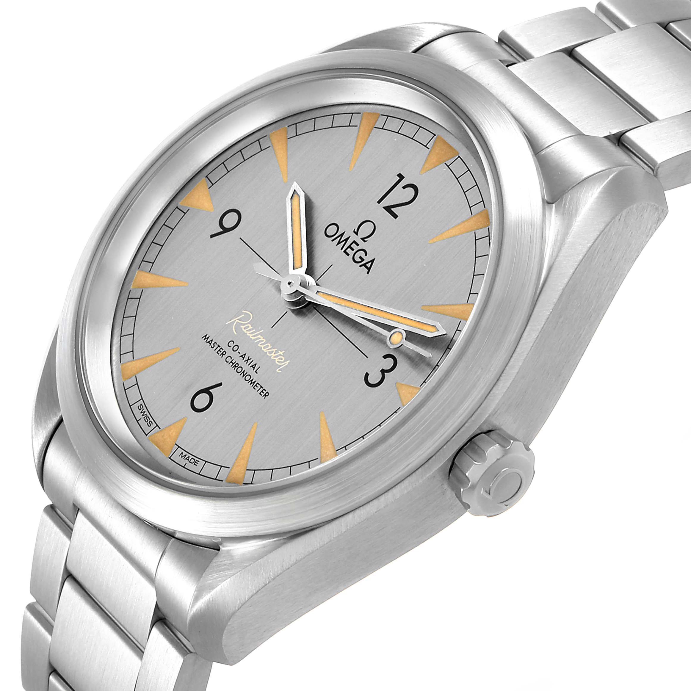 The Omega Aqua Terra 220.10.40.20.06.001 Men's Stainless Steel Grey Dial watch is shown at an angled close-up, highlighting the dial, hands, crown, and part of the bracelet.