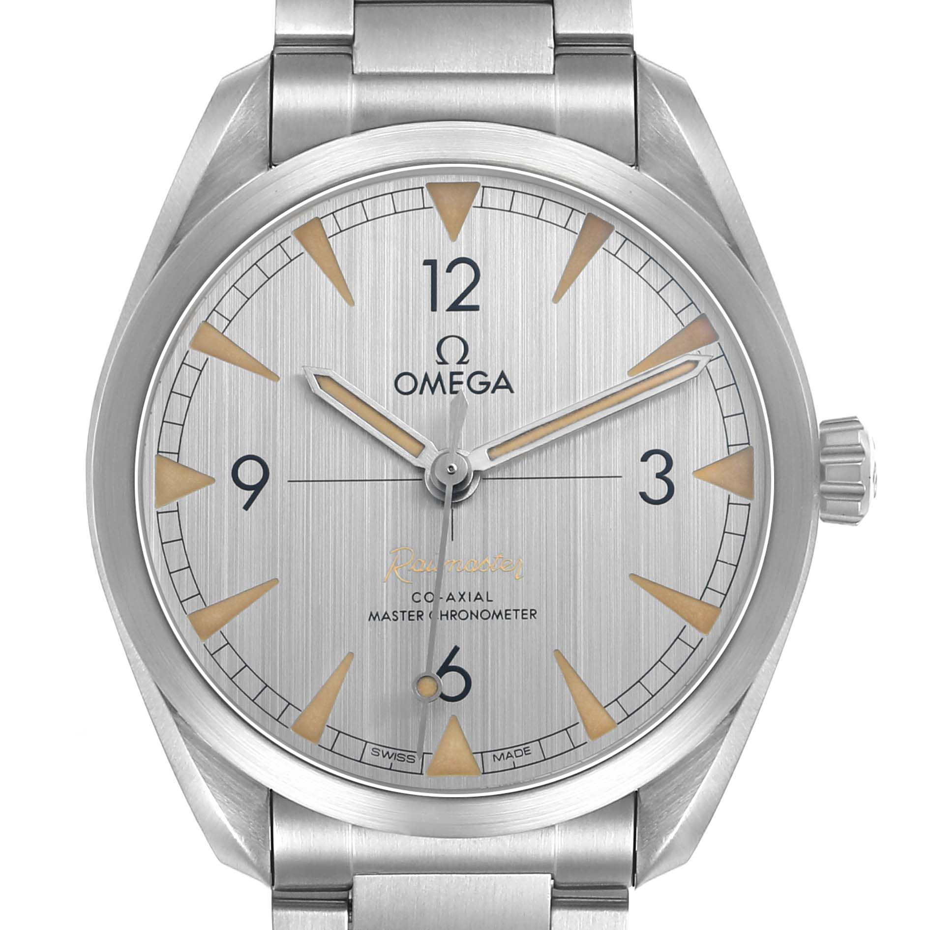The Omega Aqua Terra 220.10.40.20.06.001 Men's Stainless Steel Grey Dial watch is shown from a front angle, highlighting the dial, hands, indices, and part of the bracelet.