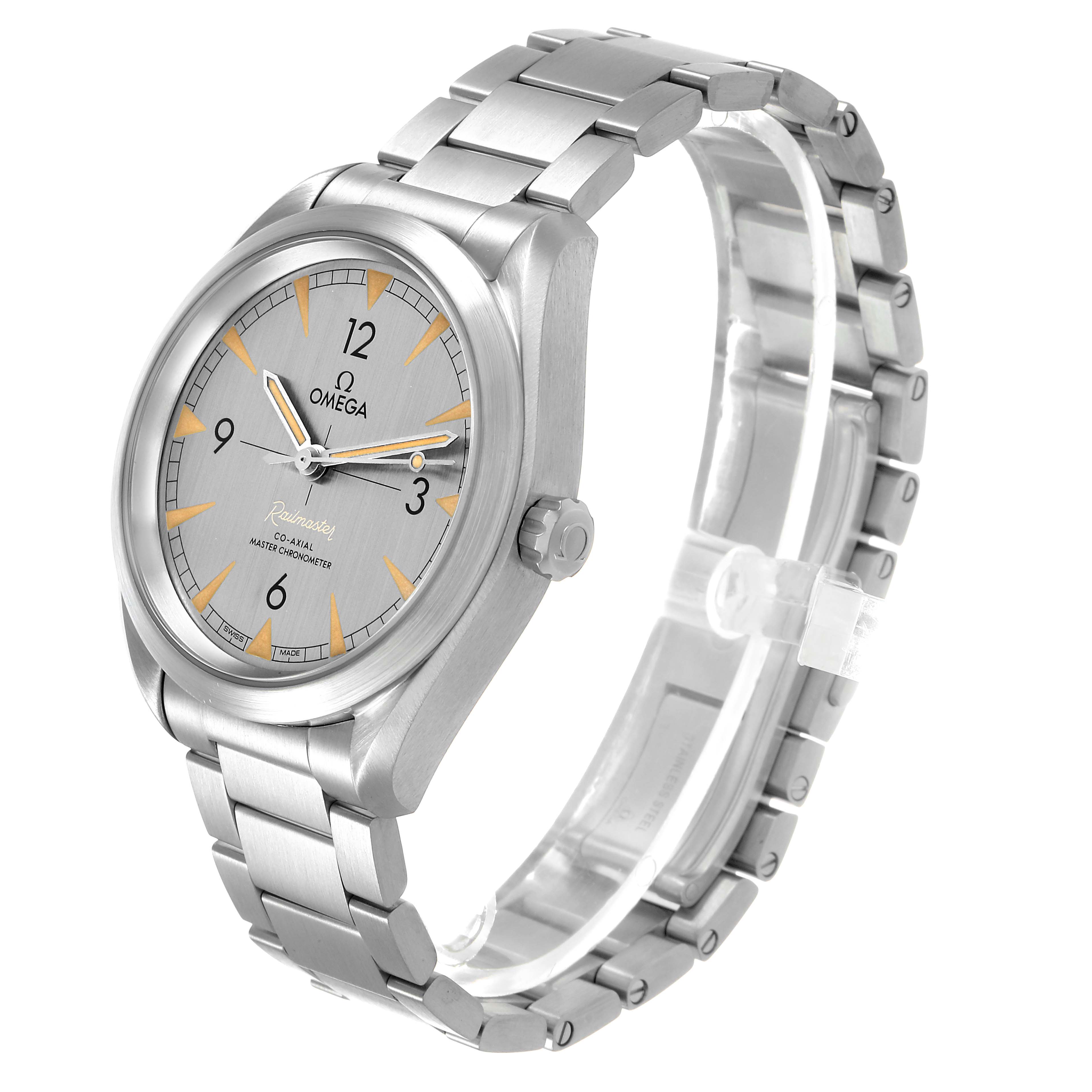 The Omega Aqua Terra 220.10.40.20.06.001 Men's Stainless Steel Grey Dial watch is shown at a three-quarter angle, highlighting the face, bezel, crown, and bracelet.