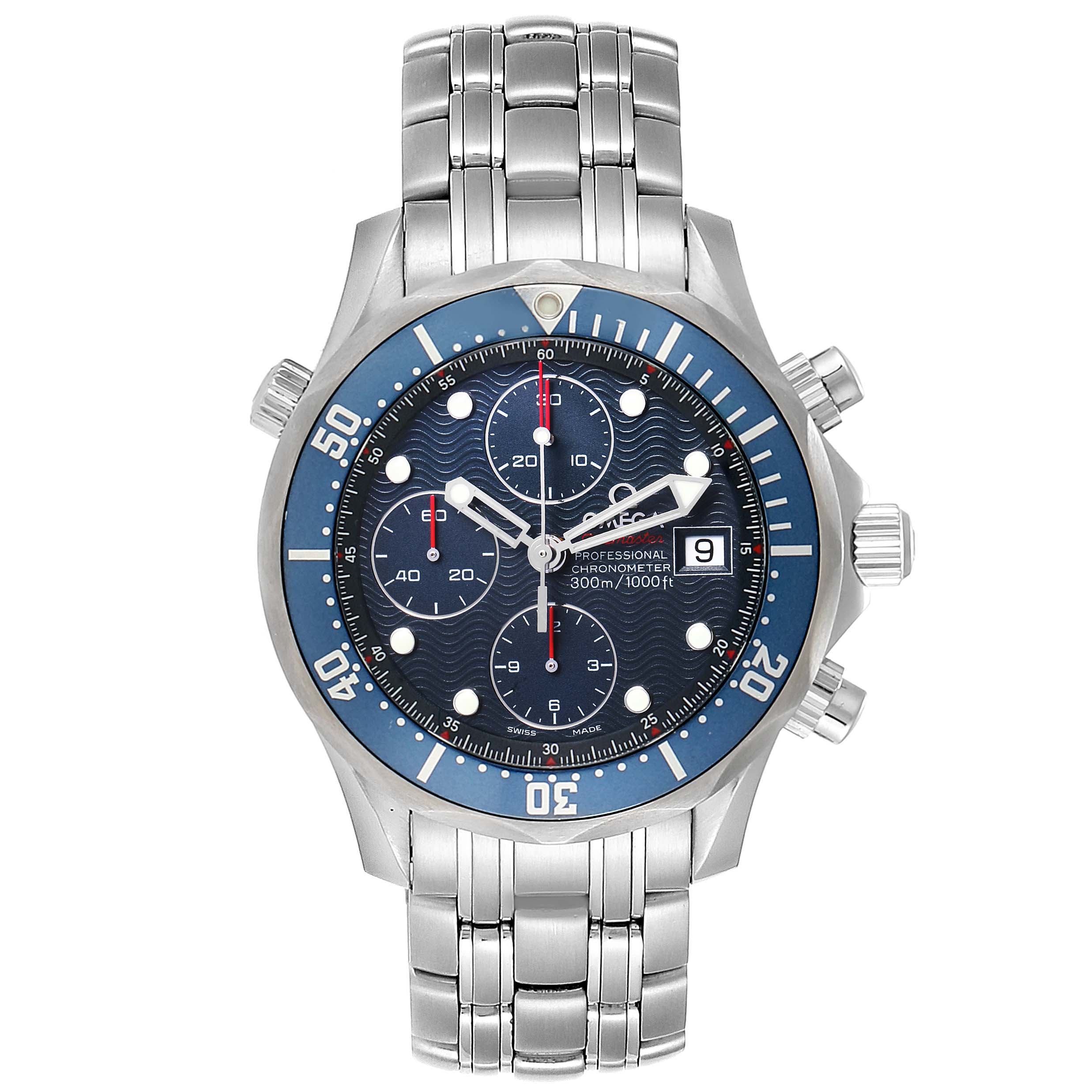 The image shows the front view of an Omega Seamaster 2225.80.00 Men's Stainless Steel Blue Dial 2225.80.00 Men's Stainless Steel Blue Dial watch, highlighting its dial, bezel, and stainless steel bracelet.