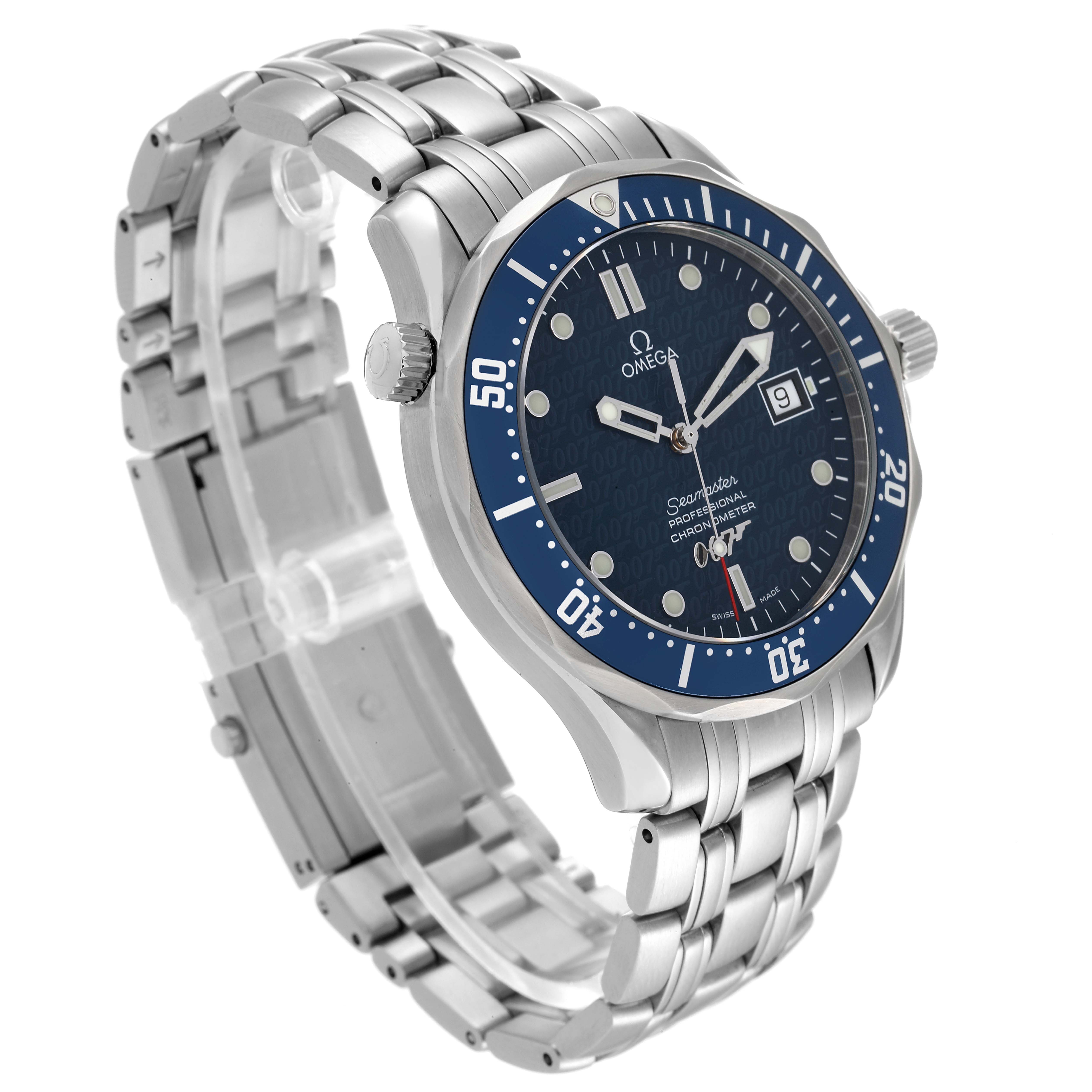 The Omega Seamaster 2537.80.00 Men's Stainless Steel Blue Dial 2537.80.00 Men's Stainless Steel Blue Dial watch is shown at an angled side view, highlighting its blue dial, bezel, and stainless steel bracelet.