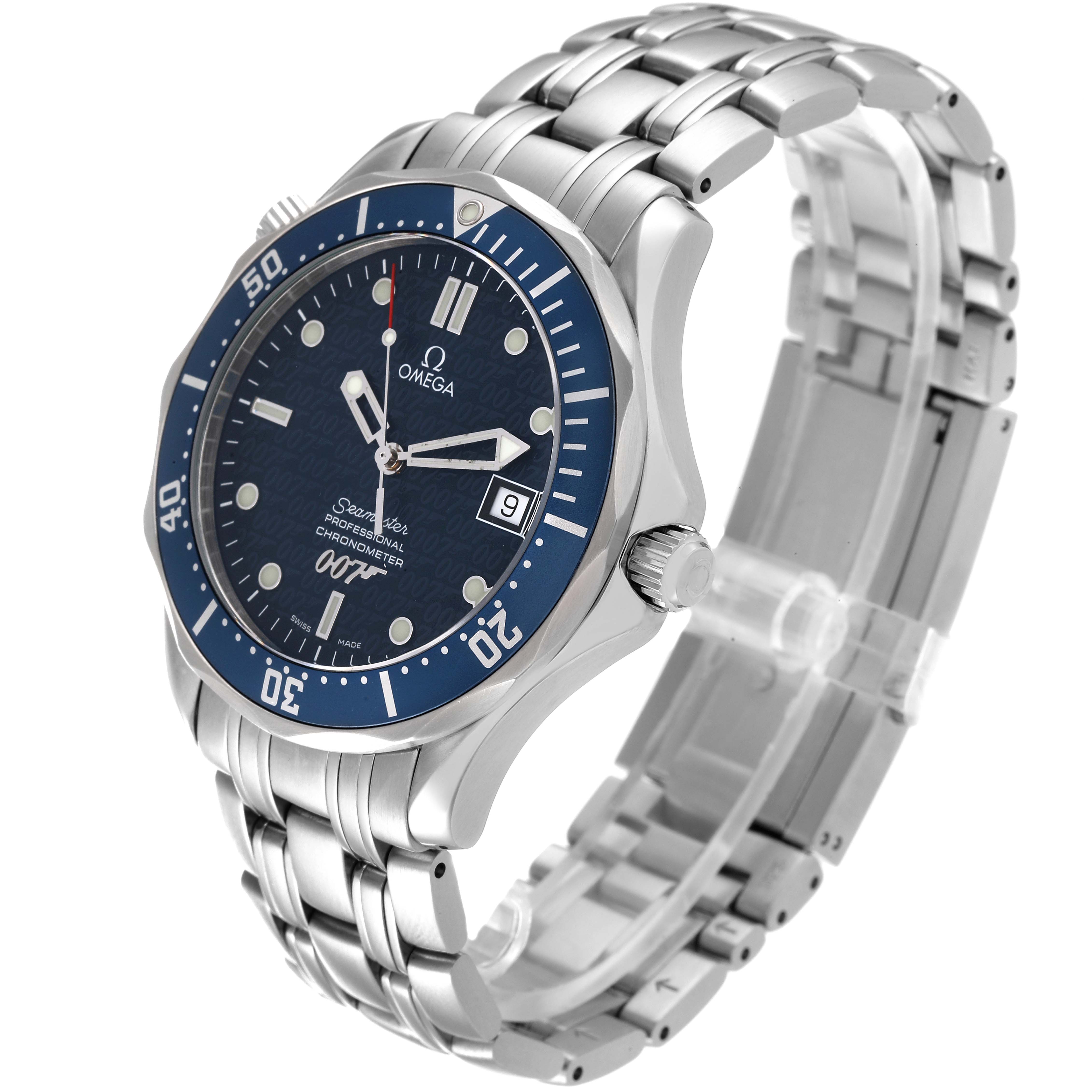 The Omega Seamaster 2537.80.00 Men's Stainless Steel Blue Dial 2537.80.00 Men's Stainless Steel Blue Dial watch is shown at a three-quarter angle, highlighting the face, bezel, crown, and stainless steel bracelet.