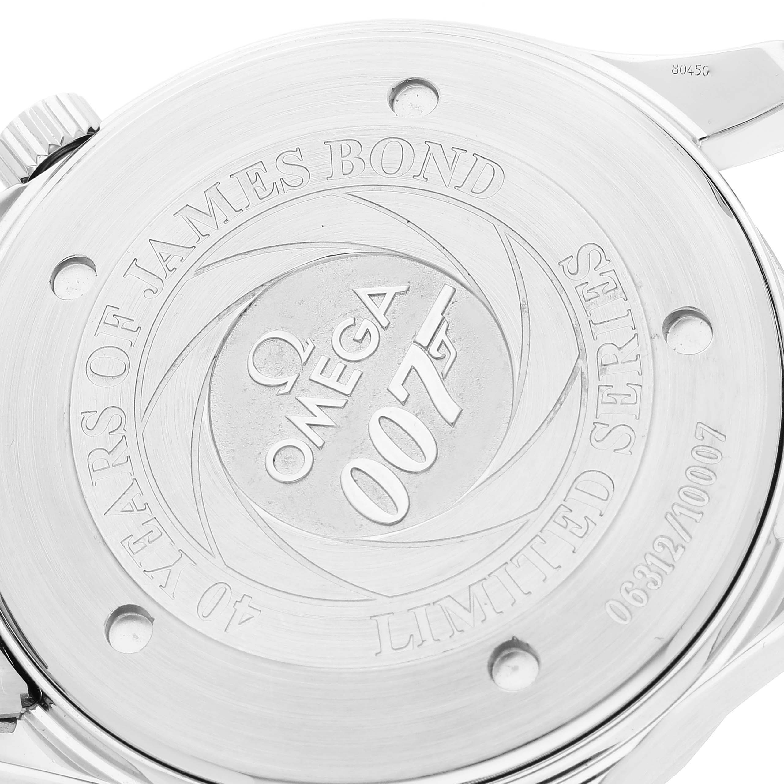 This image shows the back case of an Omega Seamaster 2537.80.00 Men's Stainless Steel Blue Dial 2537.80.00 Men's Stainless Steel Blue Dial watch, featuring "40 Years of James Bond Limited Series 007" engraving.