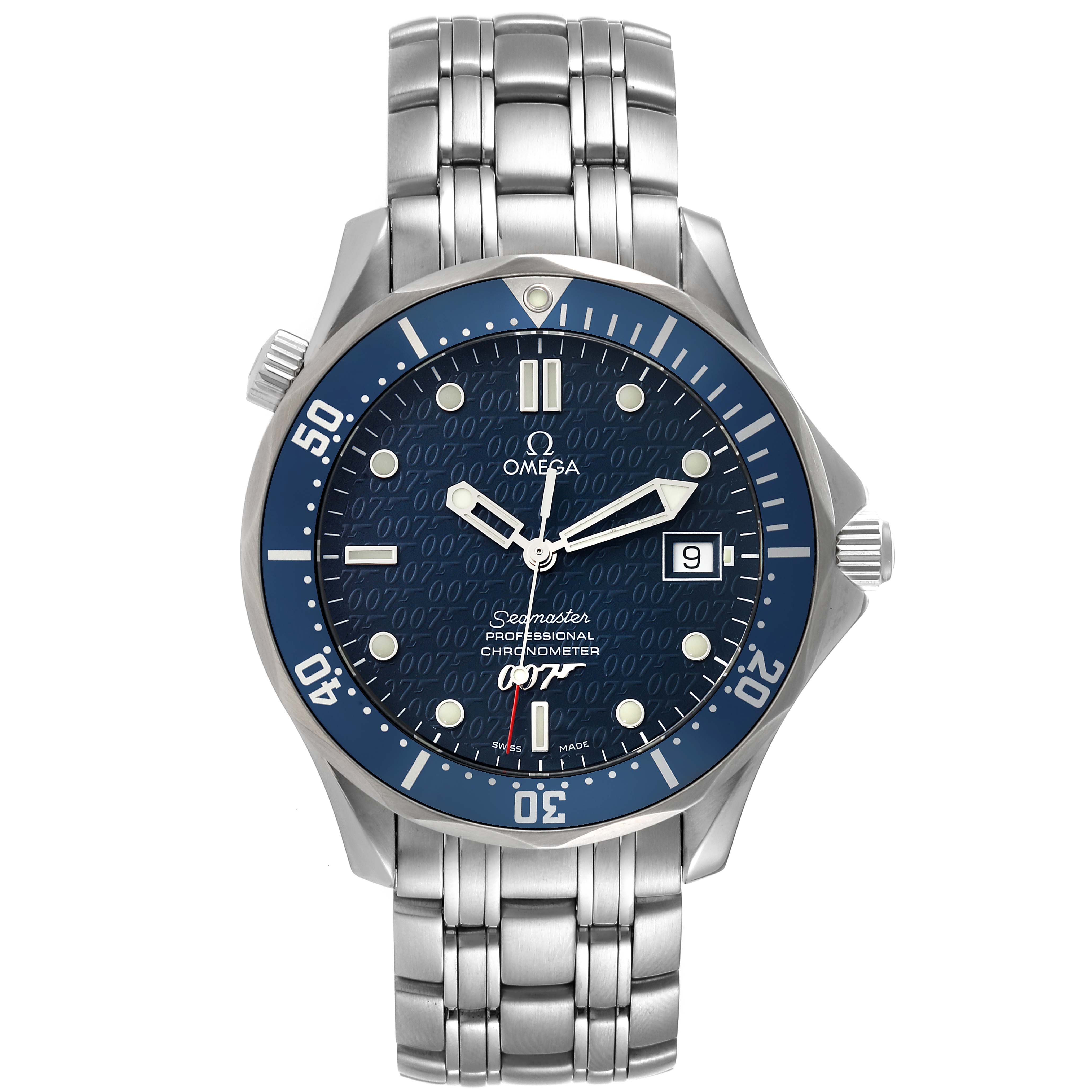 The Omega Seamaster 2537.80.00 Men's Stainless Steel Blue Dial 2537.80.00 Men's Stainless Steel Blue Dial watch is shown from a front angle, displaying its face, bezel, and stainless steel bracelet.