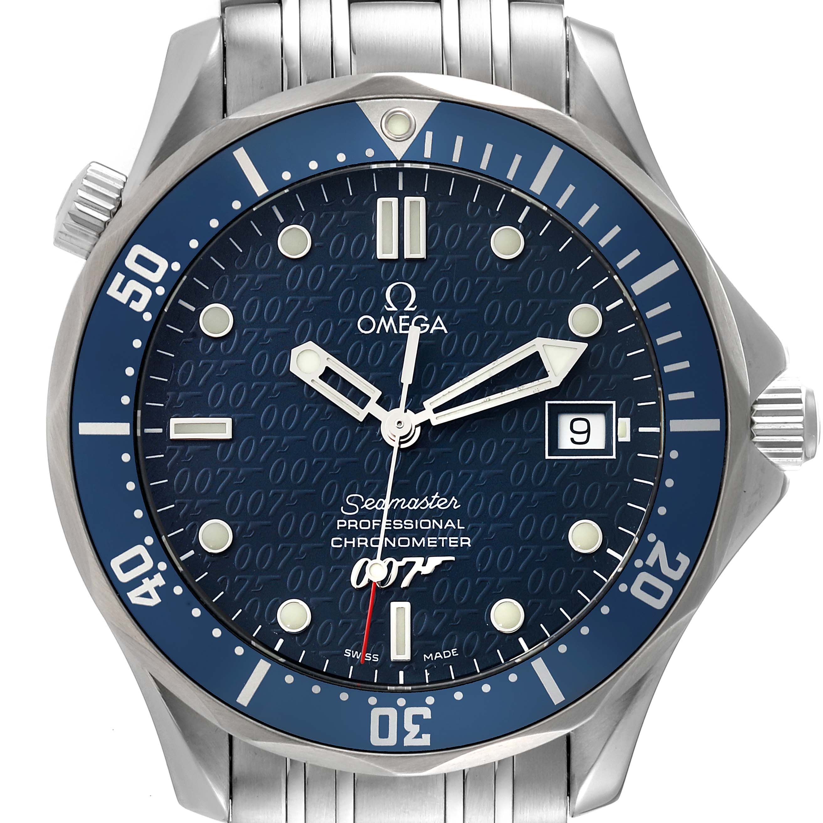 This image shows the front view of an Omega Seamaster 2537.80.00 Men's Stainless Steel Blue Dial 2537.80.00 Men's Stainless Steel Blue Dial watch, displaying the dial, bezel, and part of the bracelet.