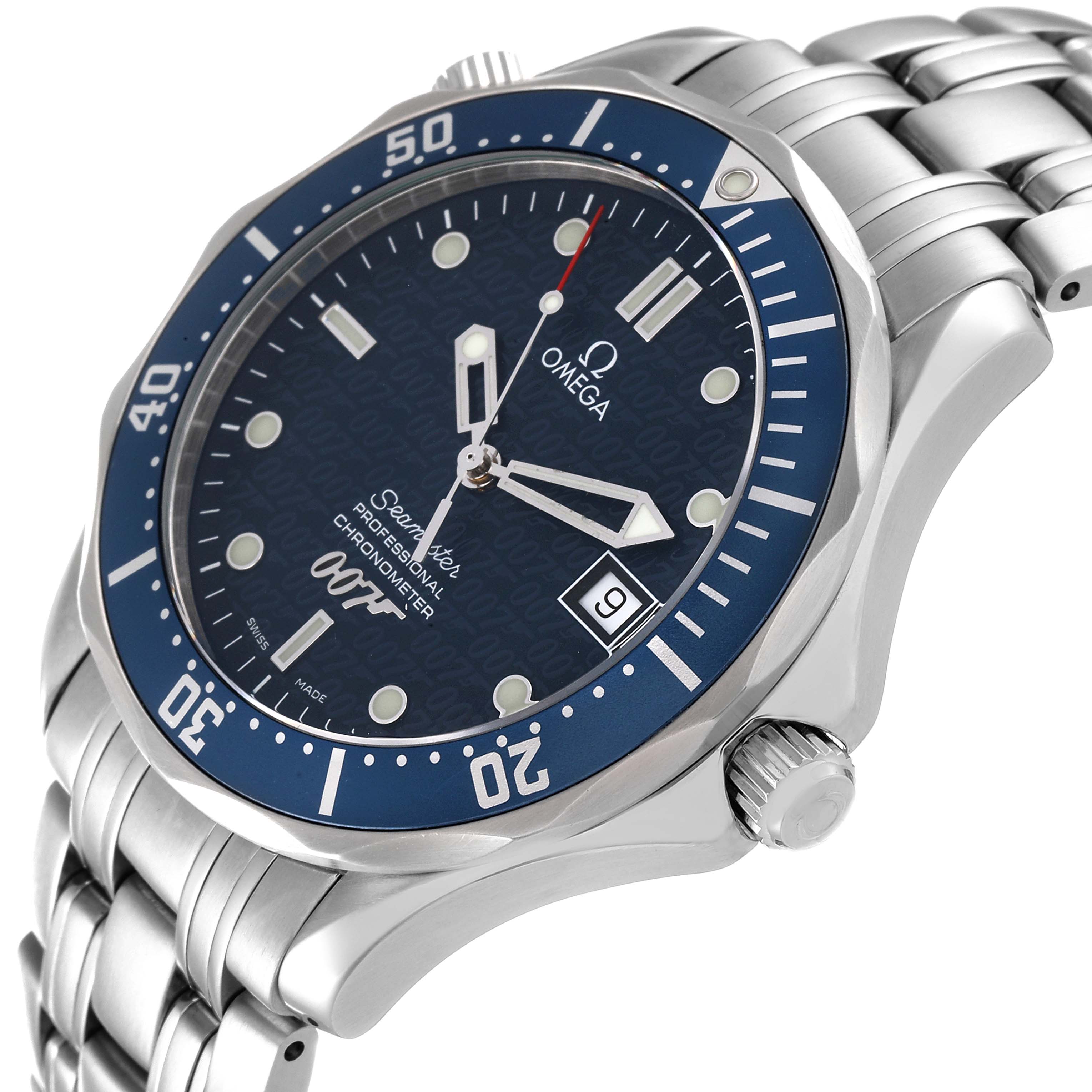 The Omega Seamaster 2537.80.00 Men's Stainless Steel Blue Dial 2537.80.00 Men's Stainless Steel Blue Dial watch is shown at a three-quarter angle, highlighting its blue dial, bezel, date display, and stainless steel bracelet.