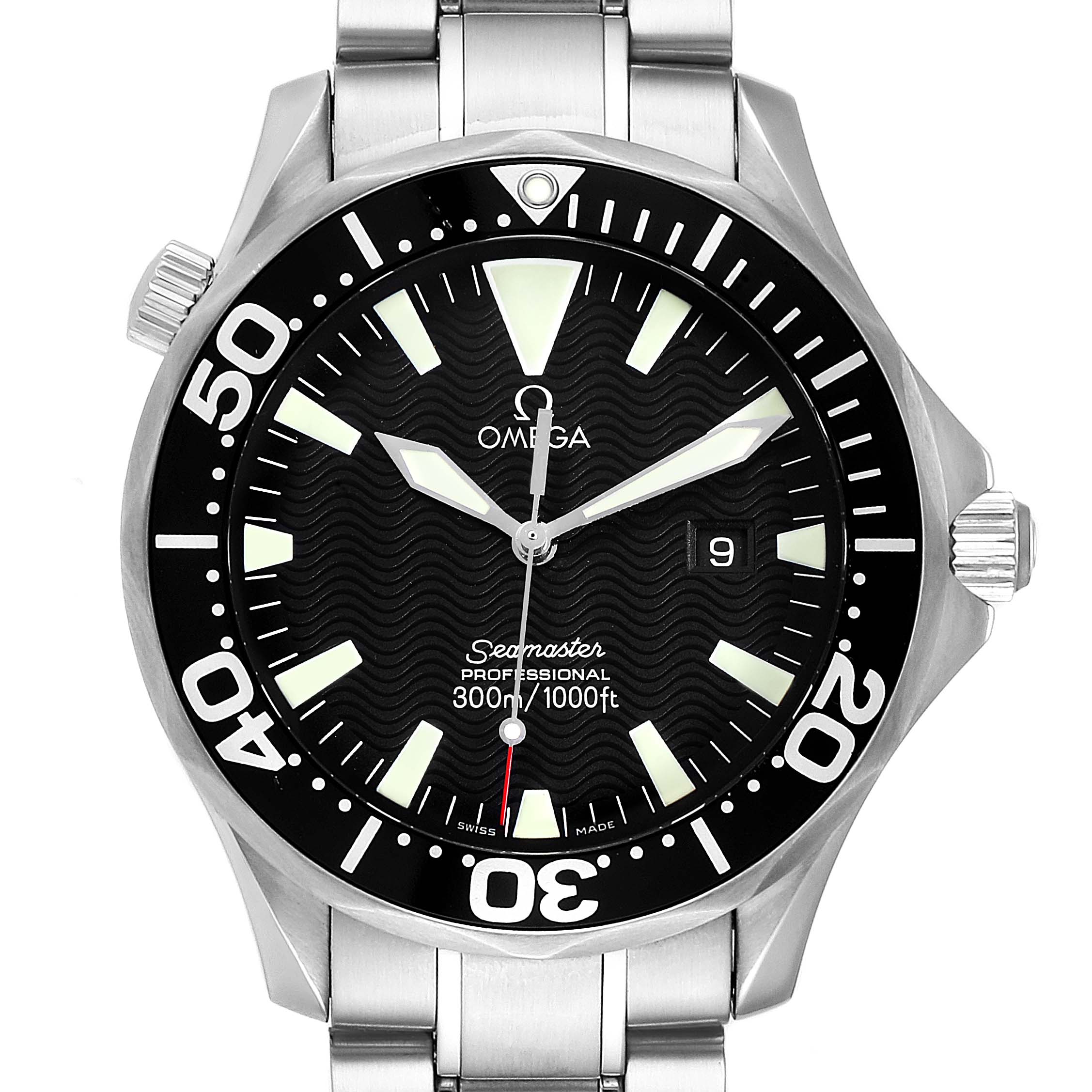 The image shows a front view of an Omega Seamaster 2264.50.00 Men
s Stainless Steel Black Dial 2264.50.00 Men
s Stainless Steel Black Dial watch, highlighting the dial, bezel, crown, and bracelet.