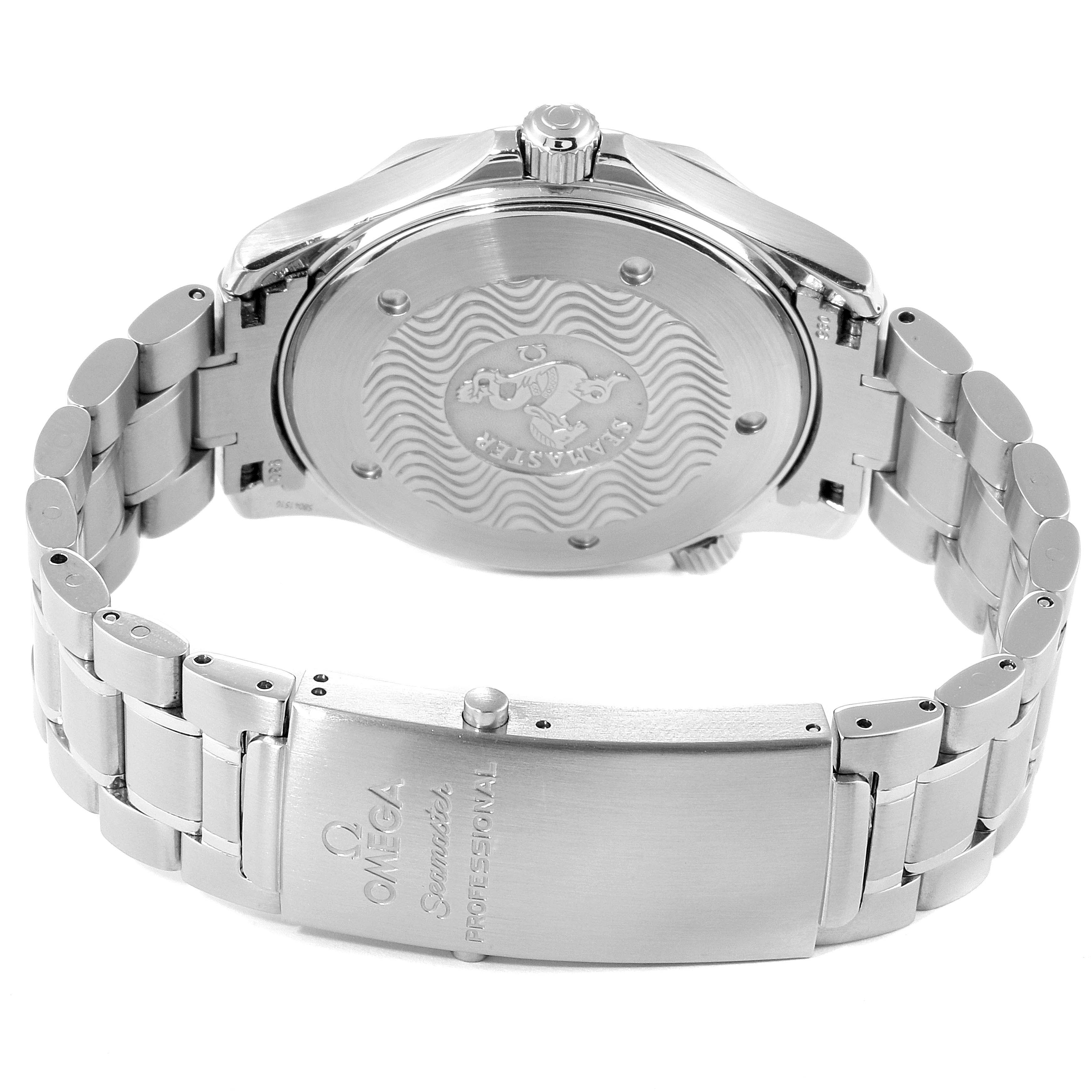 The image shows the back and clasp of an Omega Seamaster 2264.50.00 Men
s Stainless Steel Black Dial 2264.50.00 Men
s Stainless Steel Black Dial watch, showcasing its stainless steel case and bracelet.