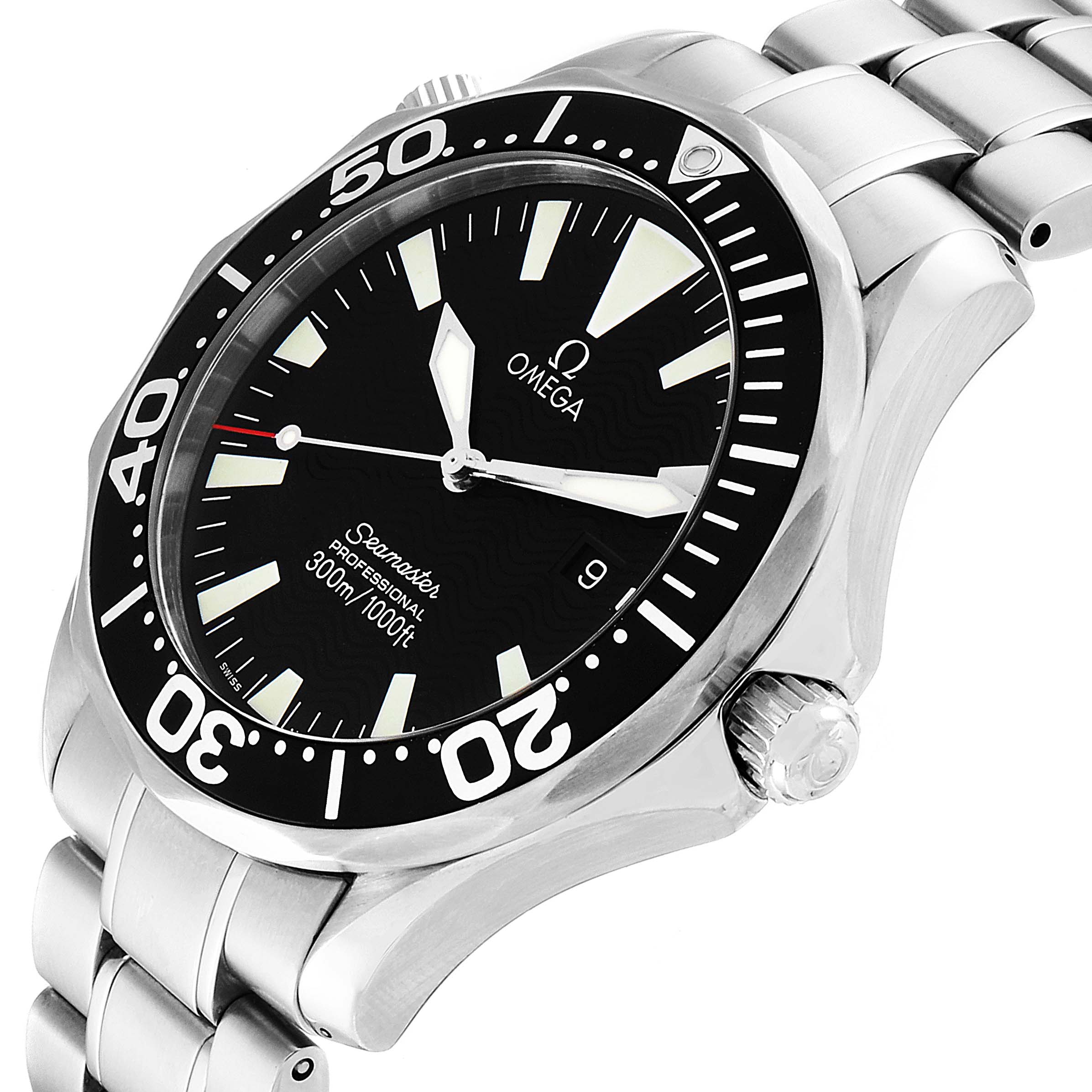 The image shows a close-up angle of the face and bracelet of the Omega Seamaster 2264.50.00 Men
s Stainless Steel Black Dial 2264.50.00 Men
s Stainless Steel Black Dial watch.