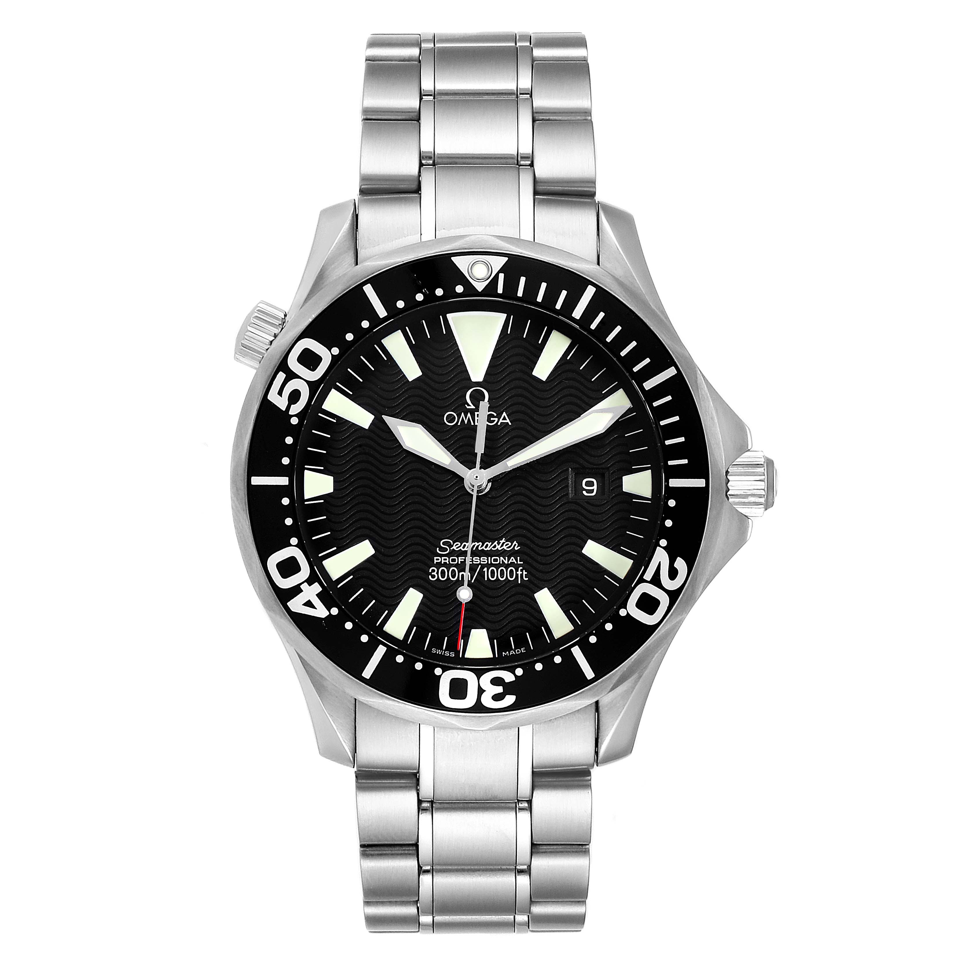 The image shows a front view of an Omega Seamaster 2264.50.00 Men
s Stainless Steel Black Dial 2264.50.00 Men
s Stainless Steel Black Dial watch featuring a black dial and a stainless steel bracelet.
