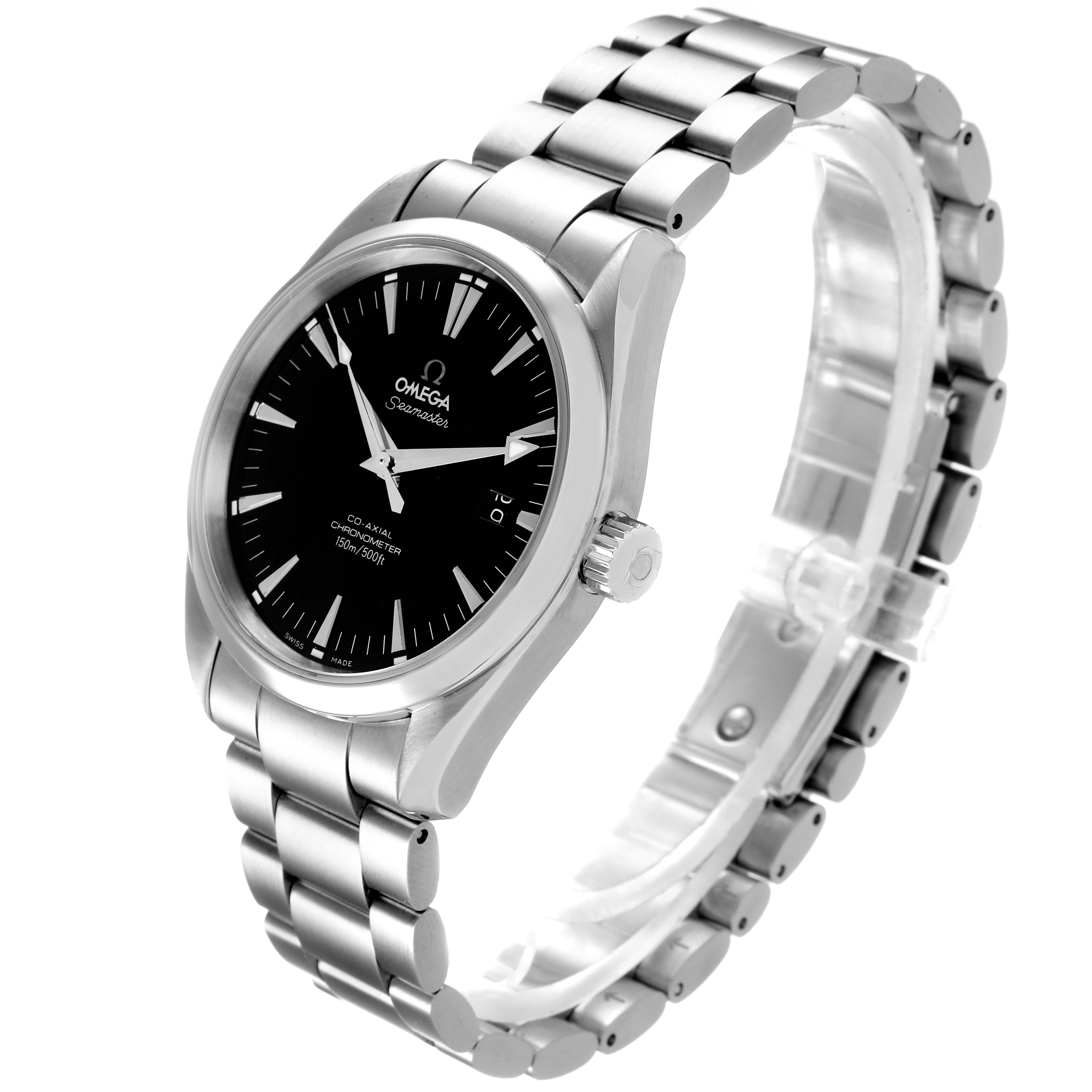 The Omega Aqua Terra 2503.50.00 Men's Stainless Steel Black Dial 2503.50.00 Men's Stainless Steel Black Dial model watch is shown at an angled side view, highlighting its bracelet, crown, and black dial.