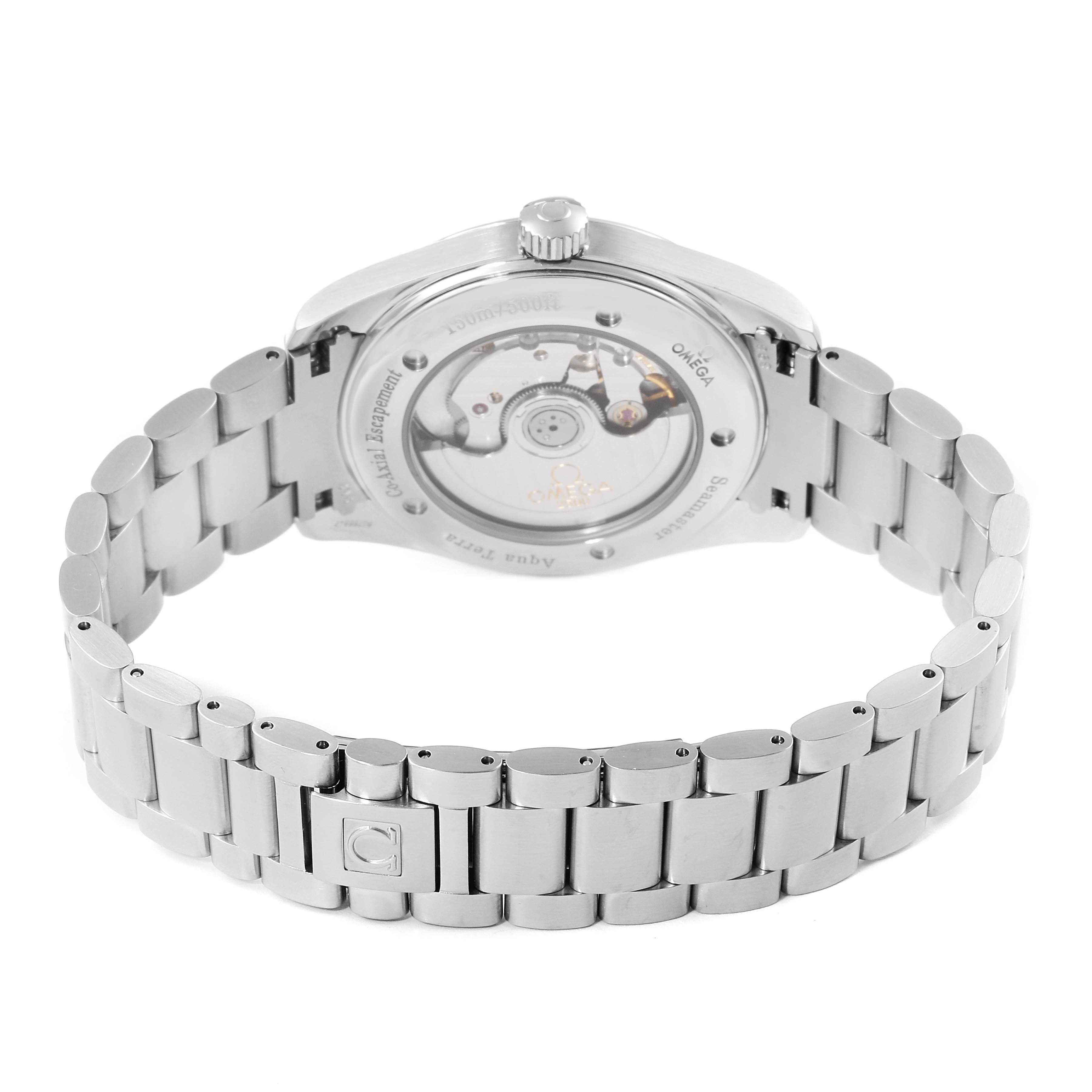 The image shows the back view of the Omega Aqua Terra 2503.50.00 Men's Stainless Steel Black Dial 2503.50.00 Men's Stainless Steel Black Dial watch, highlighting its transparent case back and the metal bracelet.