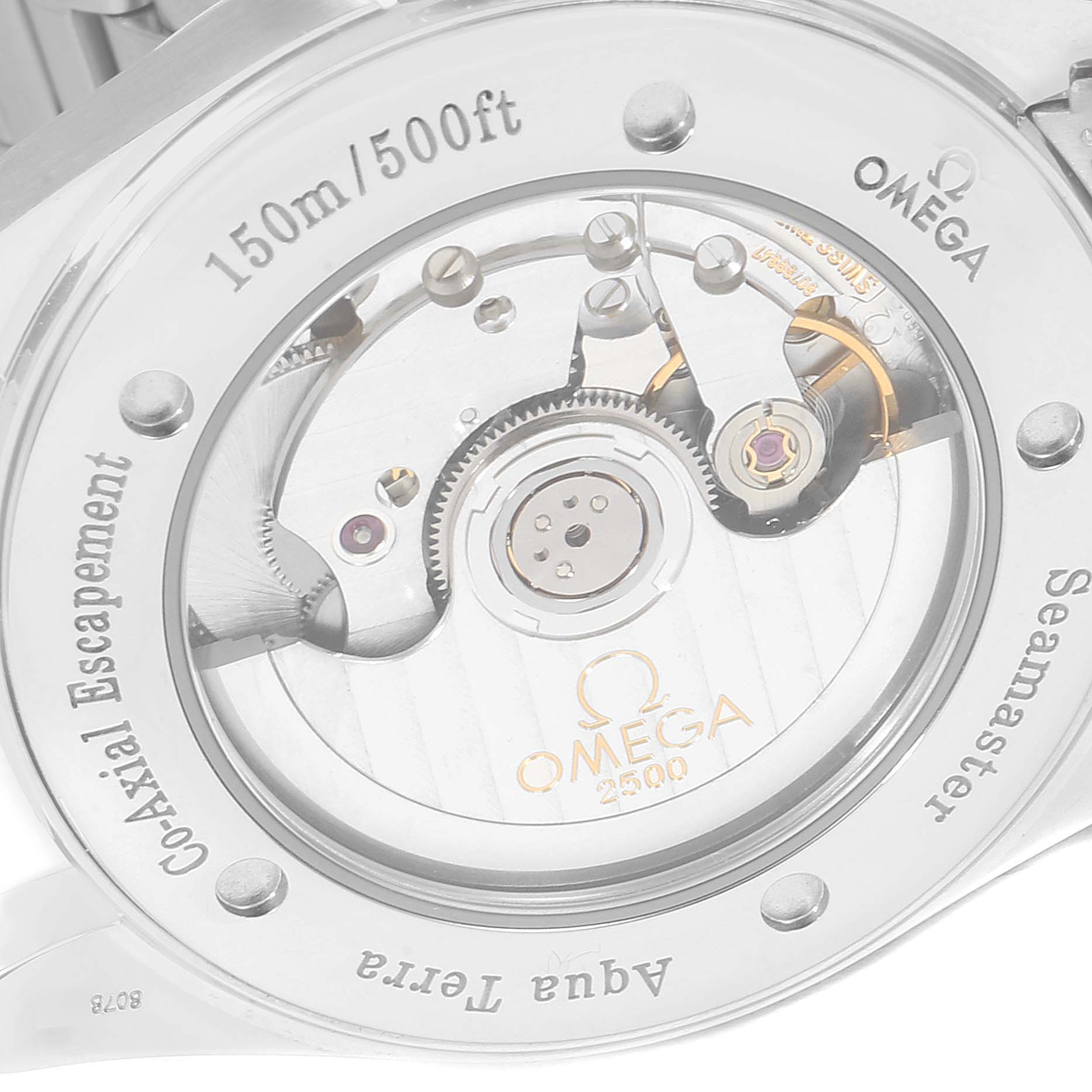 This image shows the back of the Omega Aqua Terra 2503.50.00 Men's Stainless Steel Black Dial 2503.50.00 Men's Stainless Steel Black Dial watch, highlighting its inner mechanism and branding details.