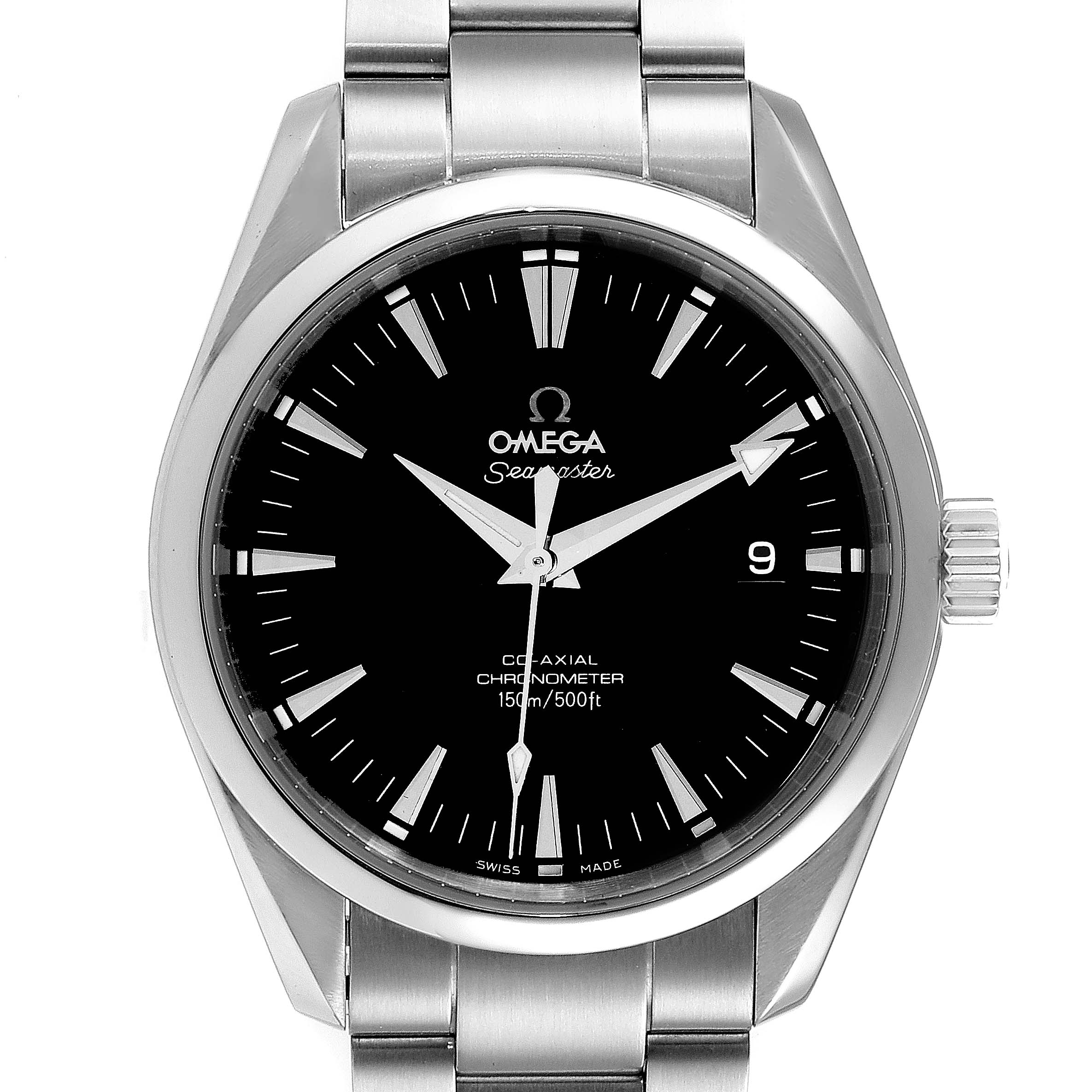 The image shows a front view of the Omega Aqua Terra 2503.50.00 Men's Stainless Steel Black Dial 2503.50.00 Men's Stainless Steel Black Dial watch, displaying its face, hour markers, and stainless steel bracelet.