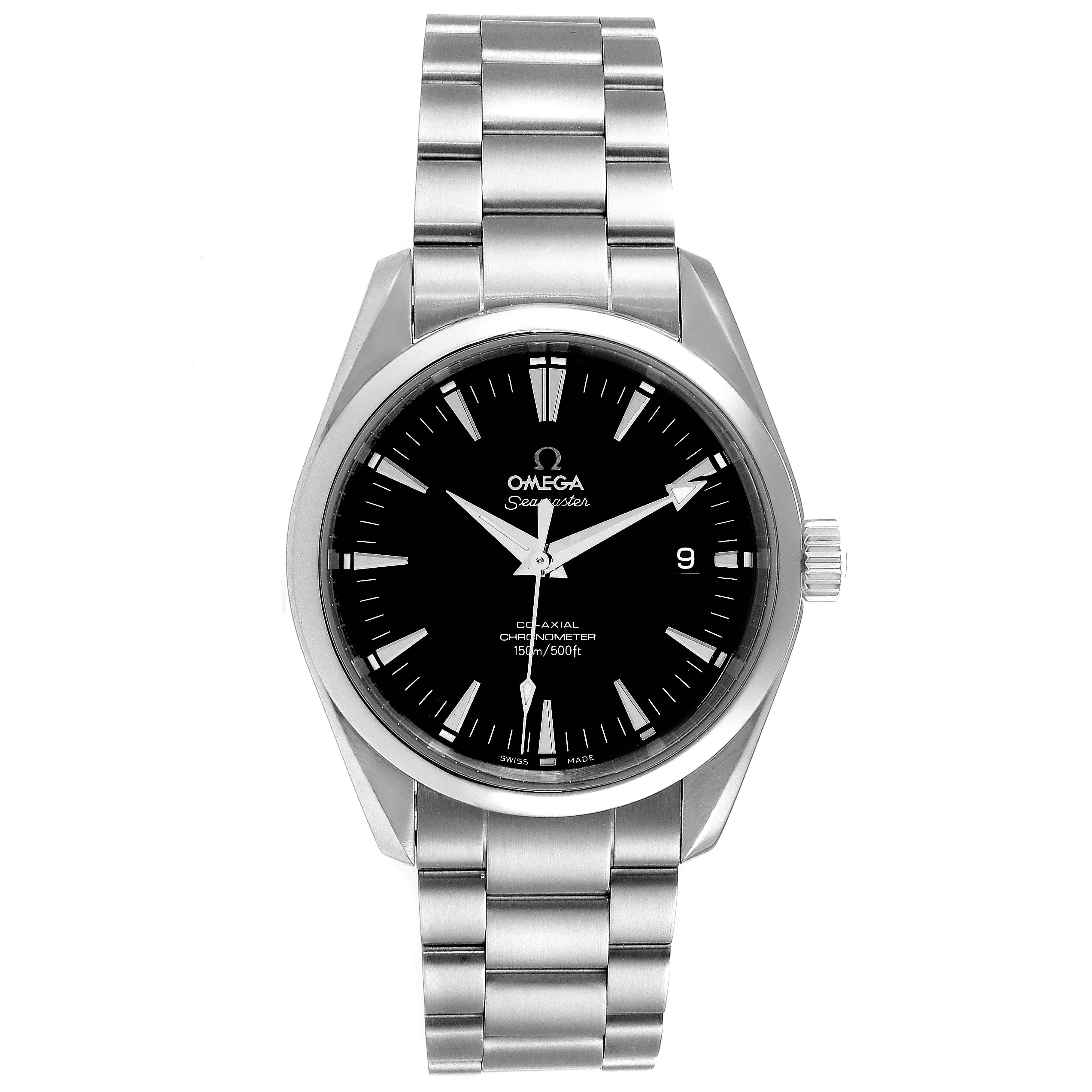 This image shows a front view of an Omega Aqua Terra 2503.50.00 Men's Stainless Steel Black Dial 2503.50.00 Men's Stainless Steel Black Dial watch, displaying its face, bezel, and metal bracelet.