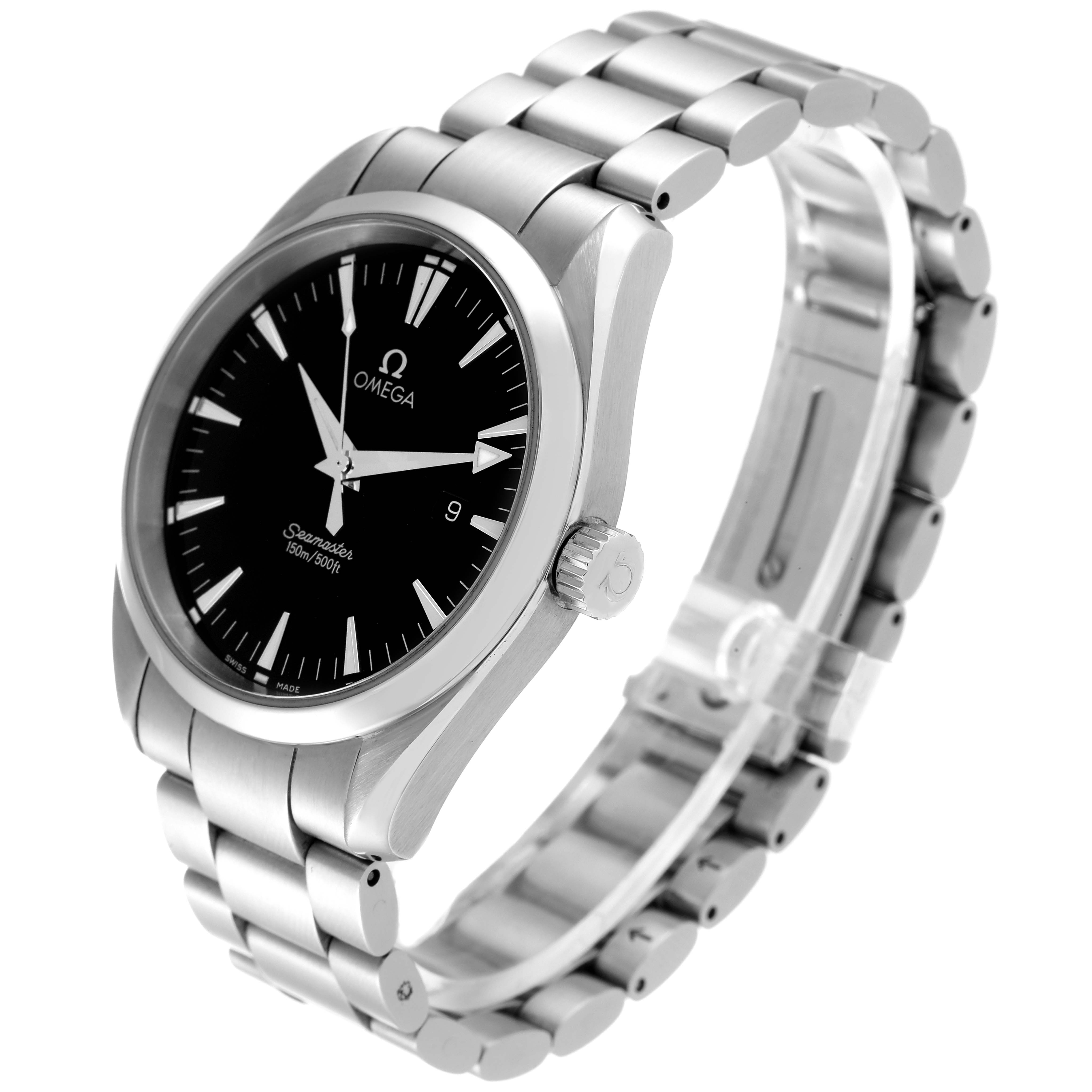 The image shows a side angle of the Omega Aqua Terra 2517.50.00 Men's Stainless Steel Black Dial 2517.50.00 Men's Stainless Steel Black Dial watch, featuring its black dial, silver hour markers, and metal bracelet.