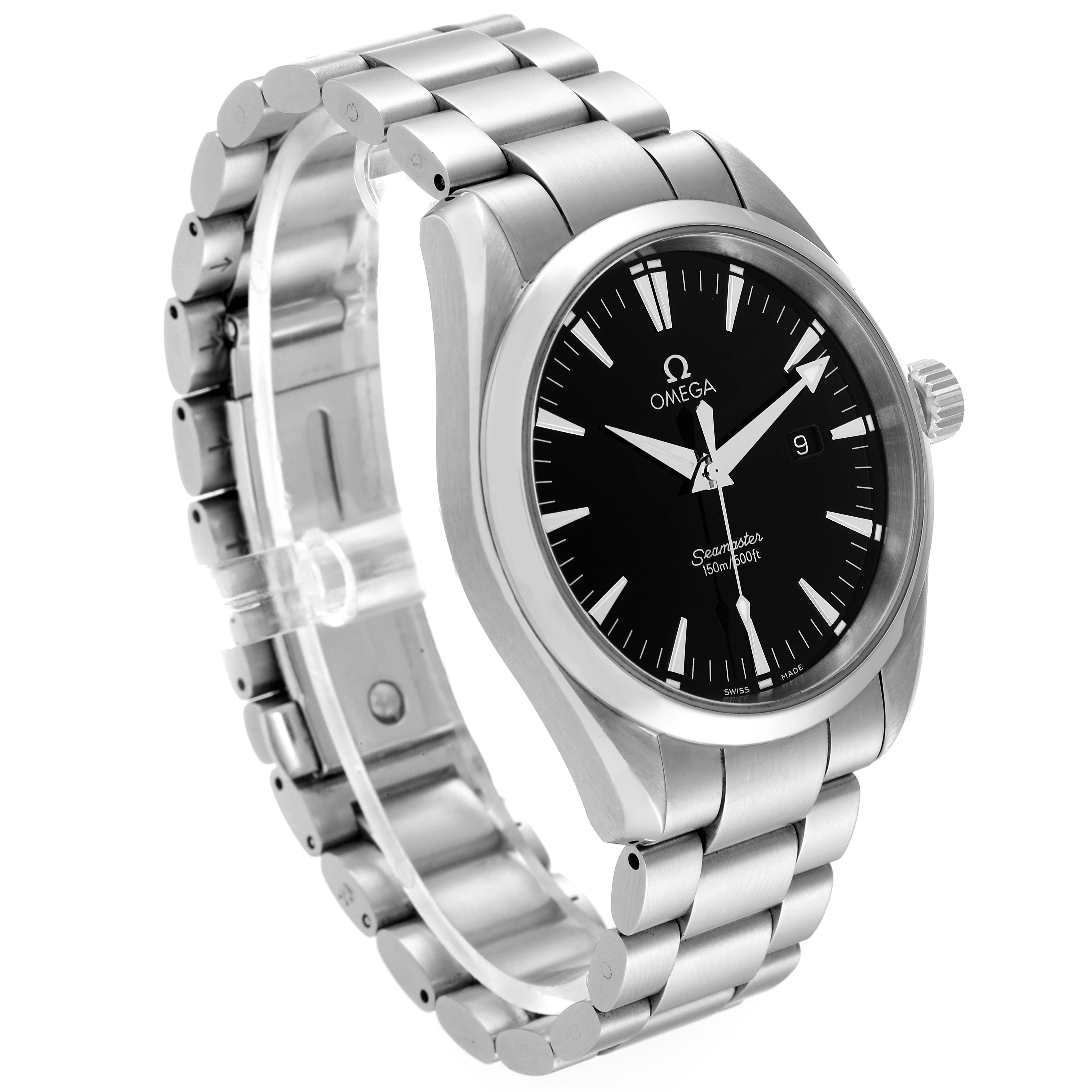 The image shows an Omega Aqua Terra 2517.50.00 Men's Stainless Steel Black Dial 2517.50.00 Men's Stainless Steel Black Dial watch at a three-quarter angle, displaying its face, bezel, crown, and metal bracelet.