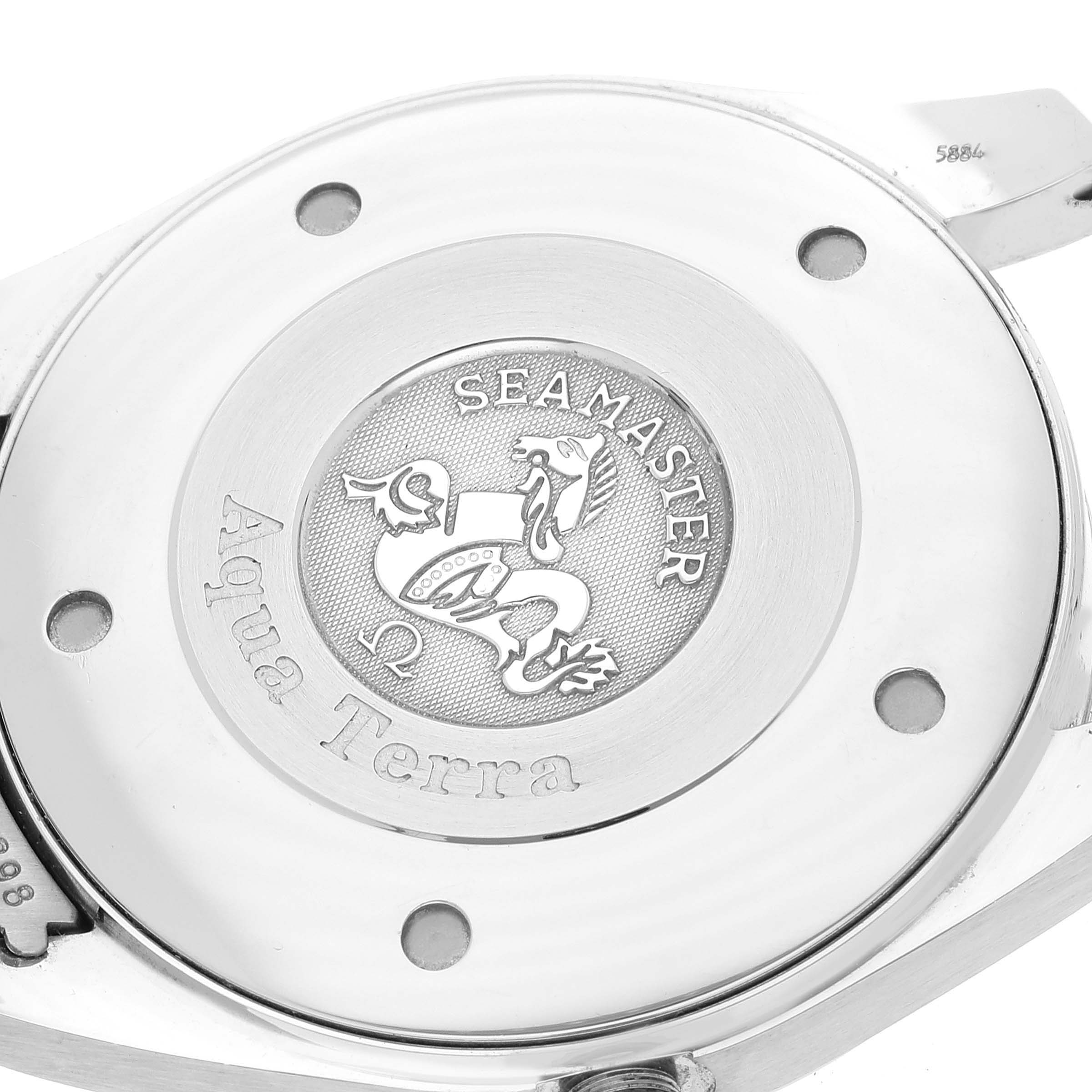 The image shows the back case of the Omega Aqua Terra 2517.50.00 Men's Stainless Steel Black Dial 2517.50.00 Men's Stainless Steel Black Dial Seamaster watch, highlighting the engraved logo.