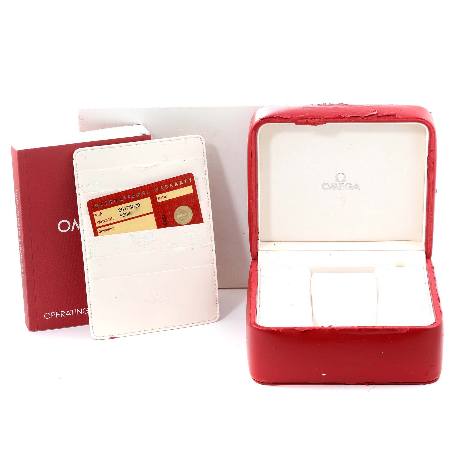 The image shows the Omega Aqua Terra 2517.50.00 Men's Stainless Steel Black Dial 2517.50.00 Men's Stainless Steel Black Dial watch box, operating manual, and warranty card holder.