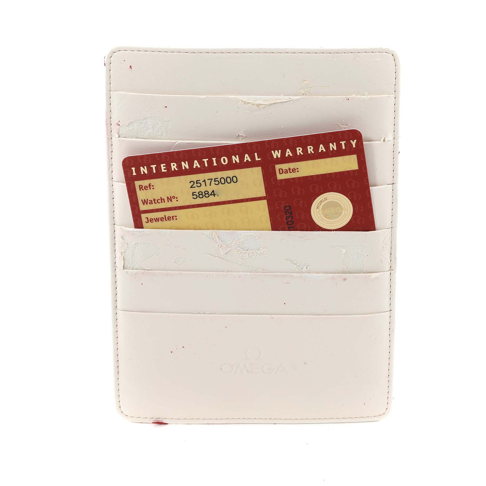 The image shows the international warranty card and holder for an Omega Aqua Terra 2517.50.00 Men's Stainless Steel Black Dial 2517.50.00 Men's Stainless Steel Black Dial watch.