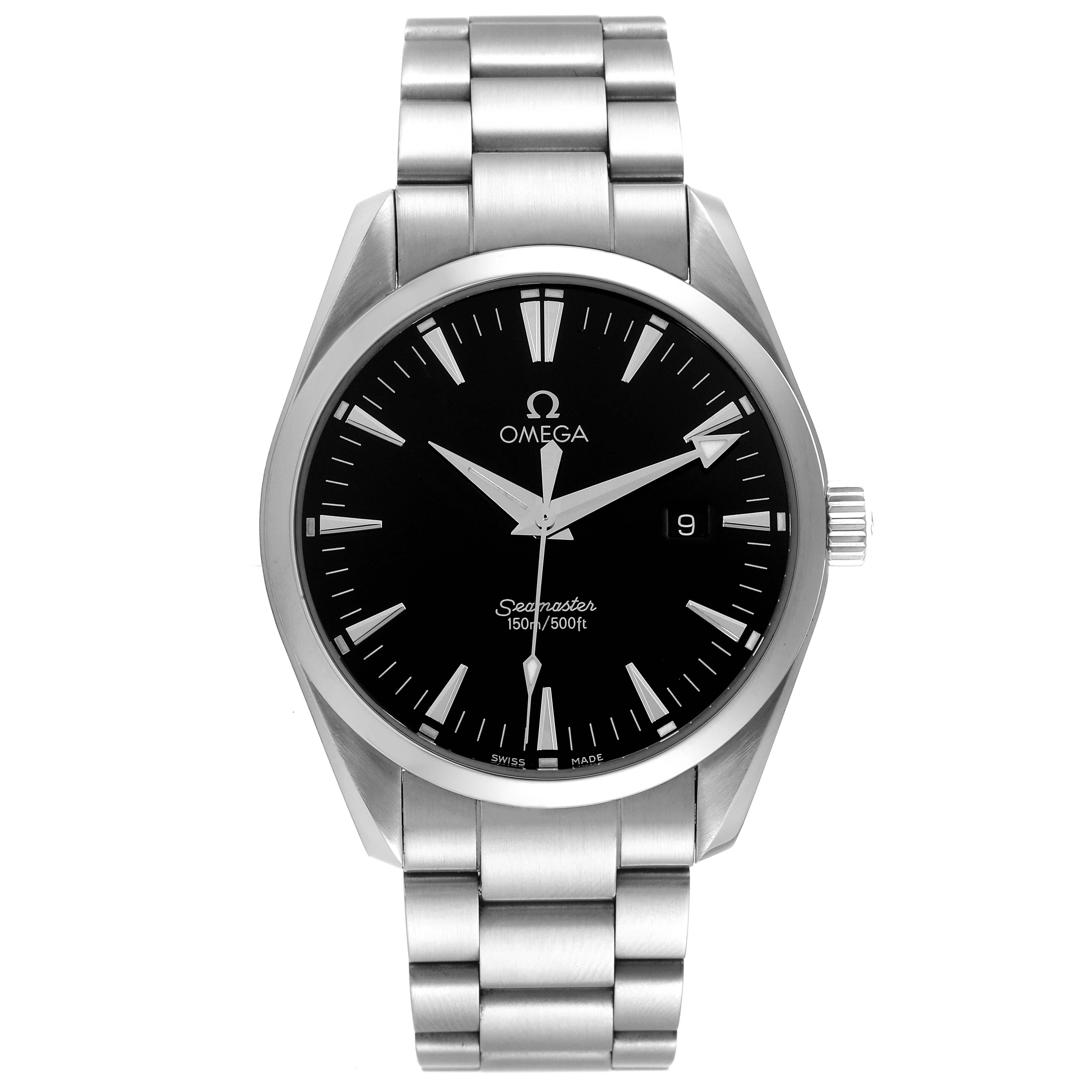 The Omega Aqua Terra 2517.50.00 Men's Stainless Steel Black Dial 2517.50.00 Men's Stainless Steel Black Dial watch is shown from the front, displaying the dial, case, crown, and bracelet.