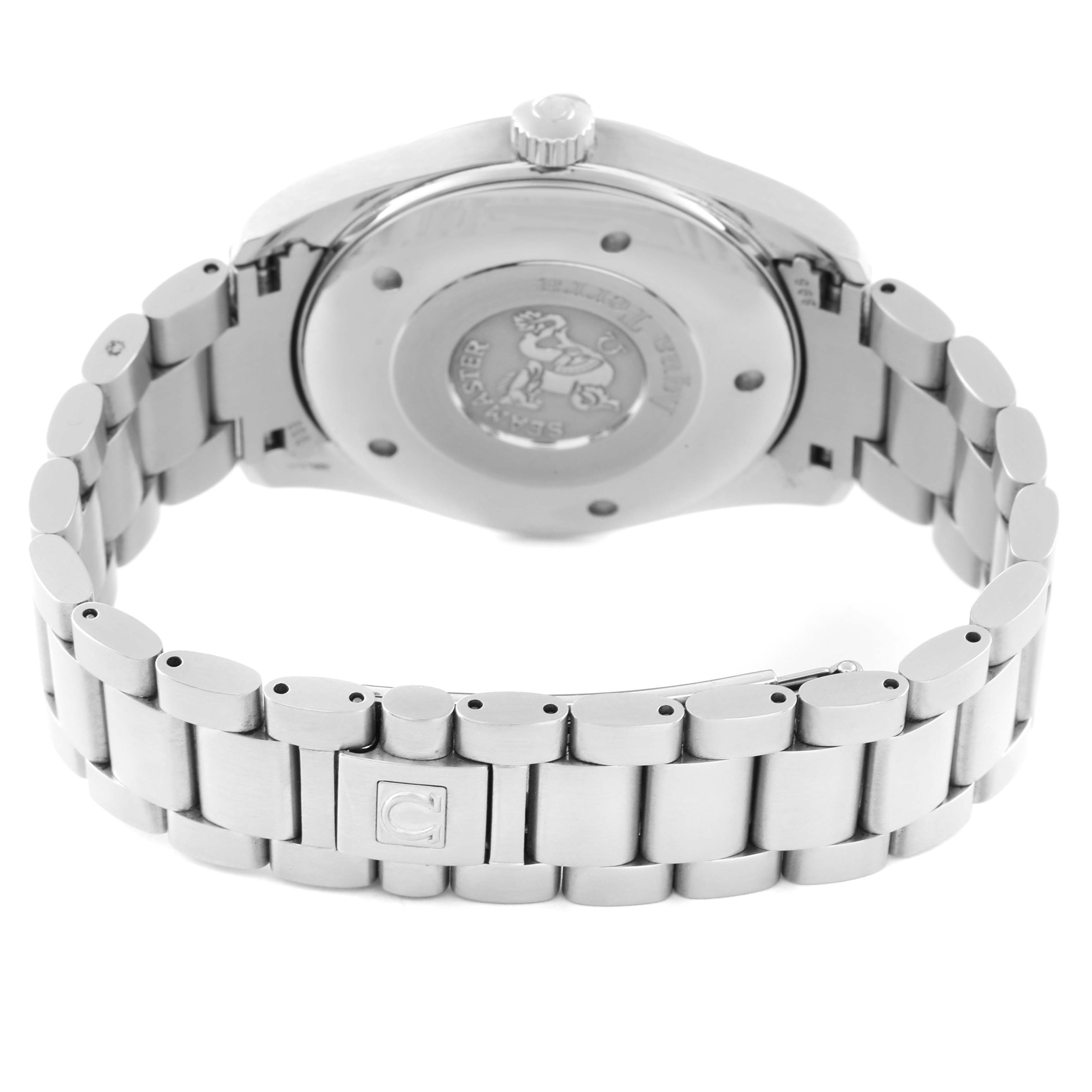 The image shows the back and bracelet of an Omega Aqua Terra 2517.50.00 Men's Stainless Steel Black Dial 2517.50.00 Men's Stainless Steel Black Dial watch, highlighting the clasp and case back.