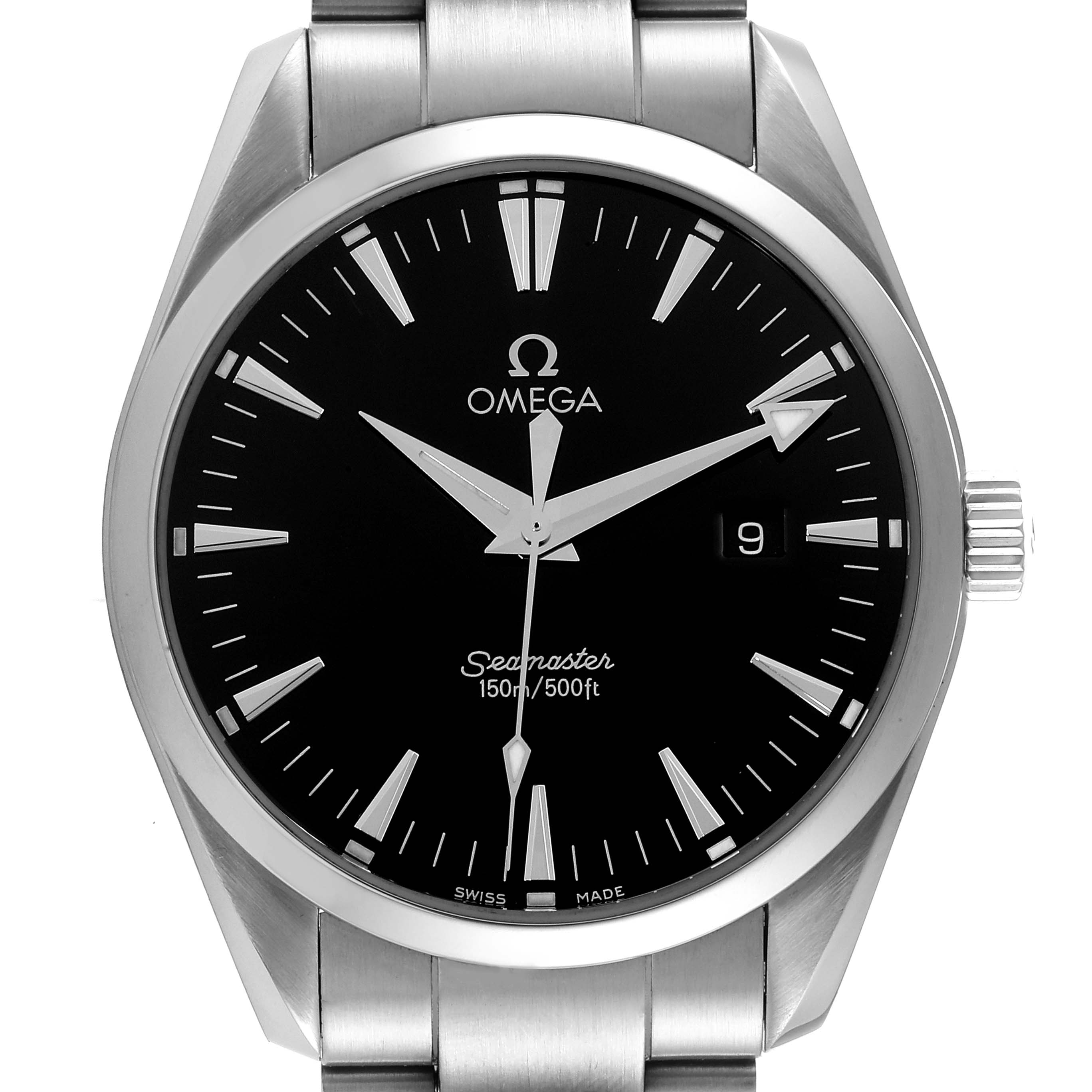 The image shows a front view of the Omega Aqua Terra 2517.50.00 Men's Stainless Steel Black Dial 2517.50.00 Men's Stainless Steel Black Dial model, highlighting the dial, markers, and stainless steel bracelet.