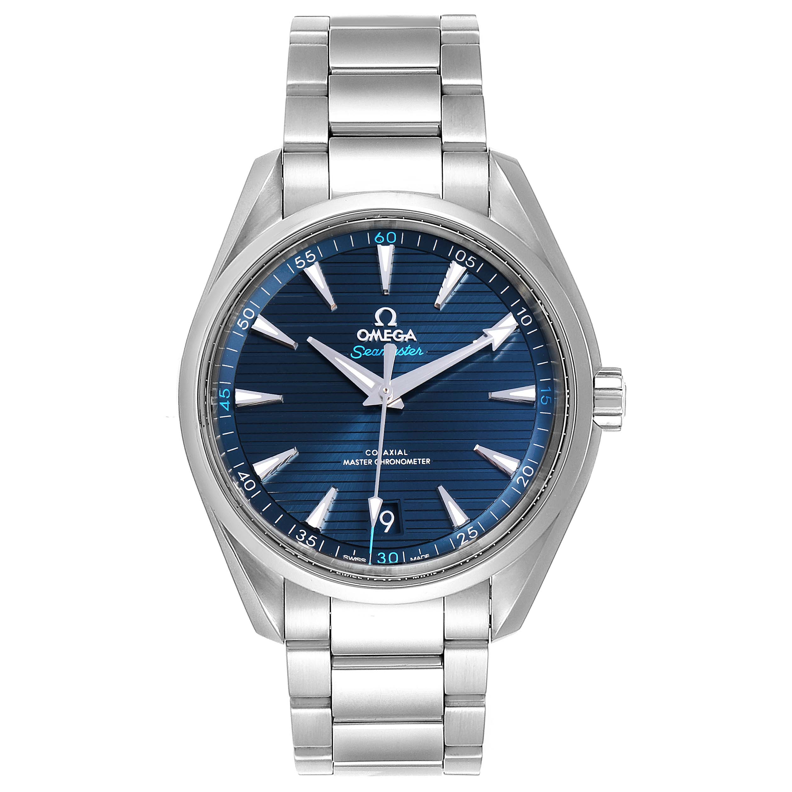 The image shows a front view of an Omega Aqua Terra 220.10.41.21.03.001 Men's Stainless Steel Blue Dial 220.10.41.21.03.001 Men's Stainless Steel Blue Dial watch displaying its blue dial and metal bracelet.