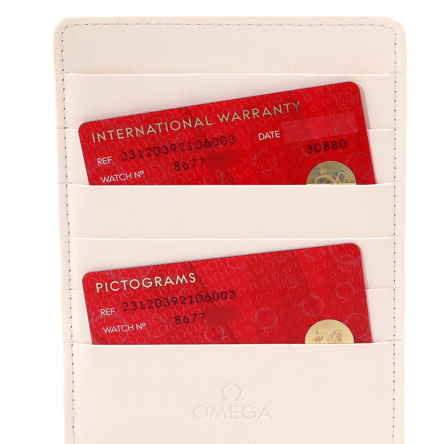 The image displays the international warranty and pictograms cards for the Omega Aqua Terra 231.20.39.21.06.003 Men
s Steel and Gold (two tone) Grey Dial 231.20.39.21.06.003 Men
s Steel and Gold (two tone) Grey Dial model, stored in a white cardholder.