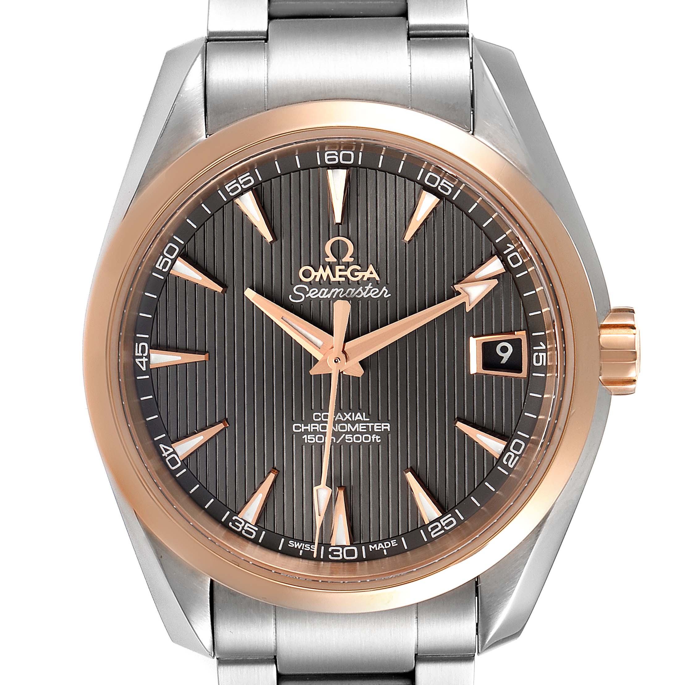 This image shows a close-up, frontal view of the Omega Aqua Terra 231.20.39.21.06.003 Men
s Steel and Gold (two tone) Grey Dial 231.20.39.21.06.003 Men
s Steel and Gold (two tone) Grey Dial model, highlighting the dial, hands, bezel, and crown.