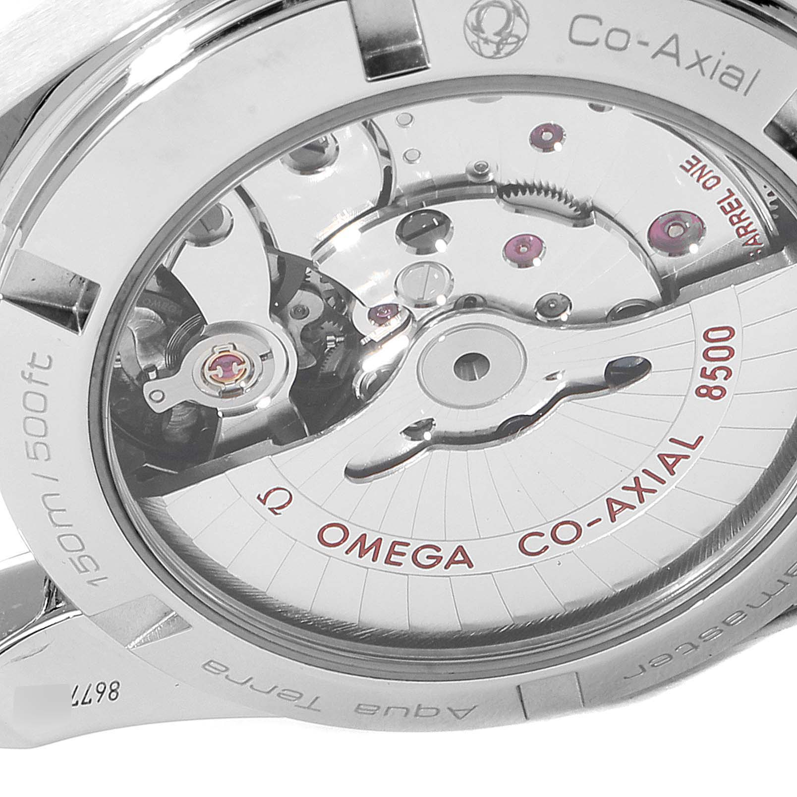 This image shows the back view of the Omega Aqua Terra 231.20.39.21.06.003 Men
s Steel and Gold (two tone) Grey Dial 231.20.39.21.06.003 Men
s Steel and Gold (two tone) Grey Dial watch, highlighting its Co-Axial 8500 movement.