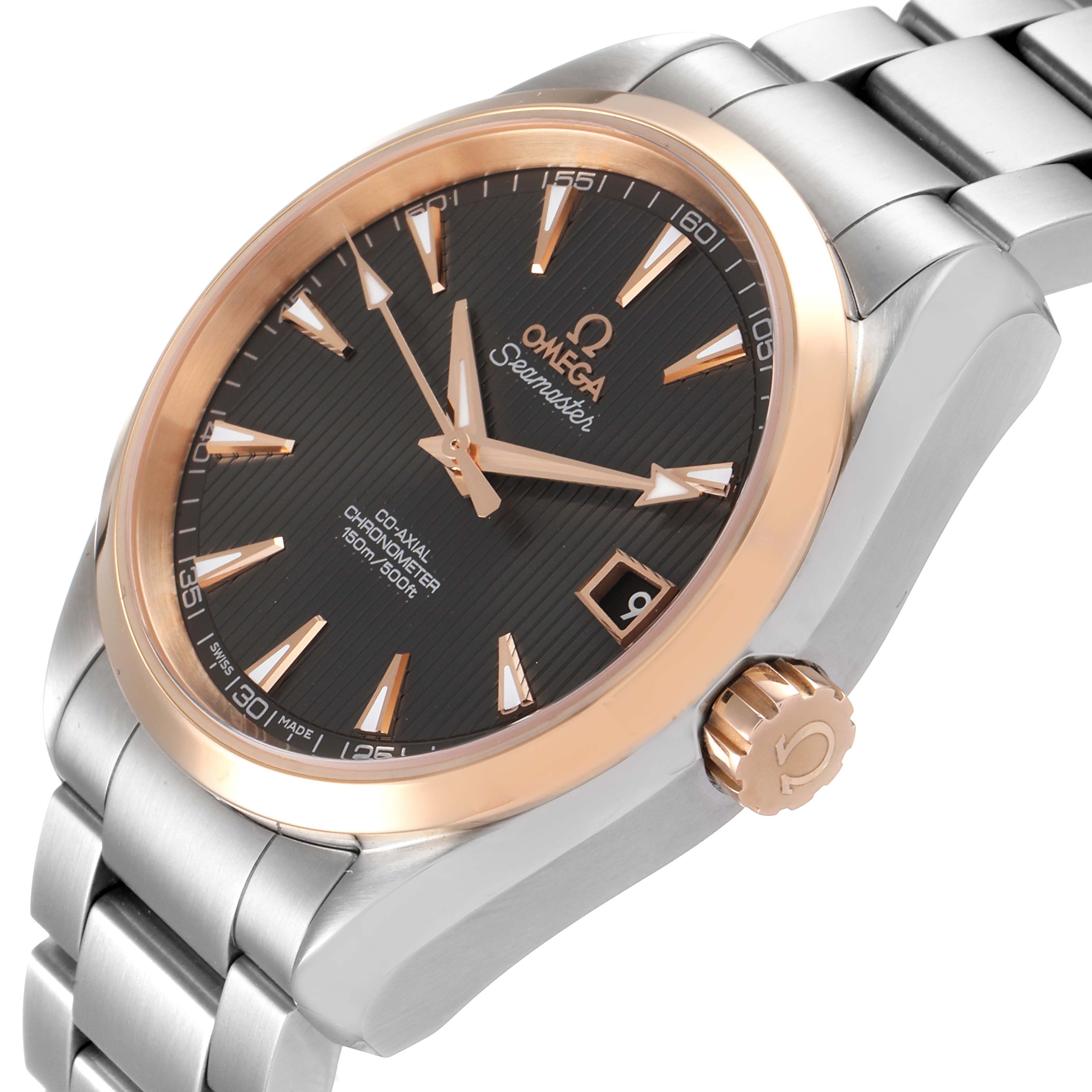 This image shows an angled view of the Omega Aqua Terra 231.20.39.21.06.003 Men
s Steel and Gold (two tone) Grey Dial 231.20.39.21.06.003 Men
s Steel and Gold (two tone) Grey Dial watch, highlighting the face, bezel, crown, and bracelet.