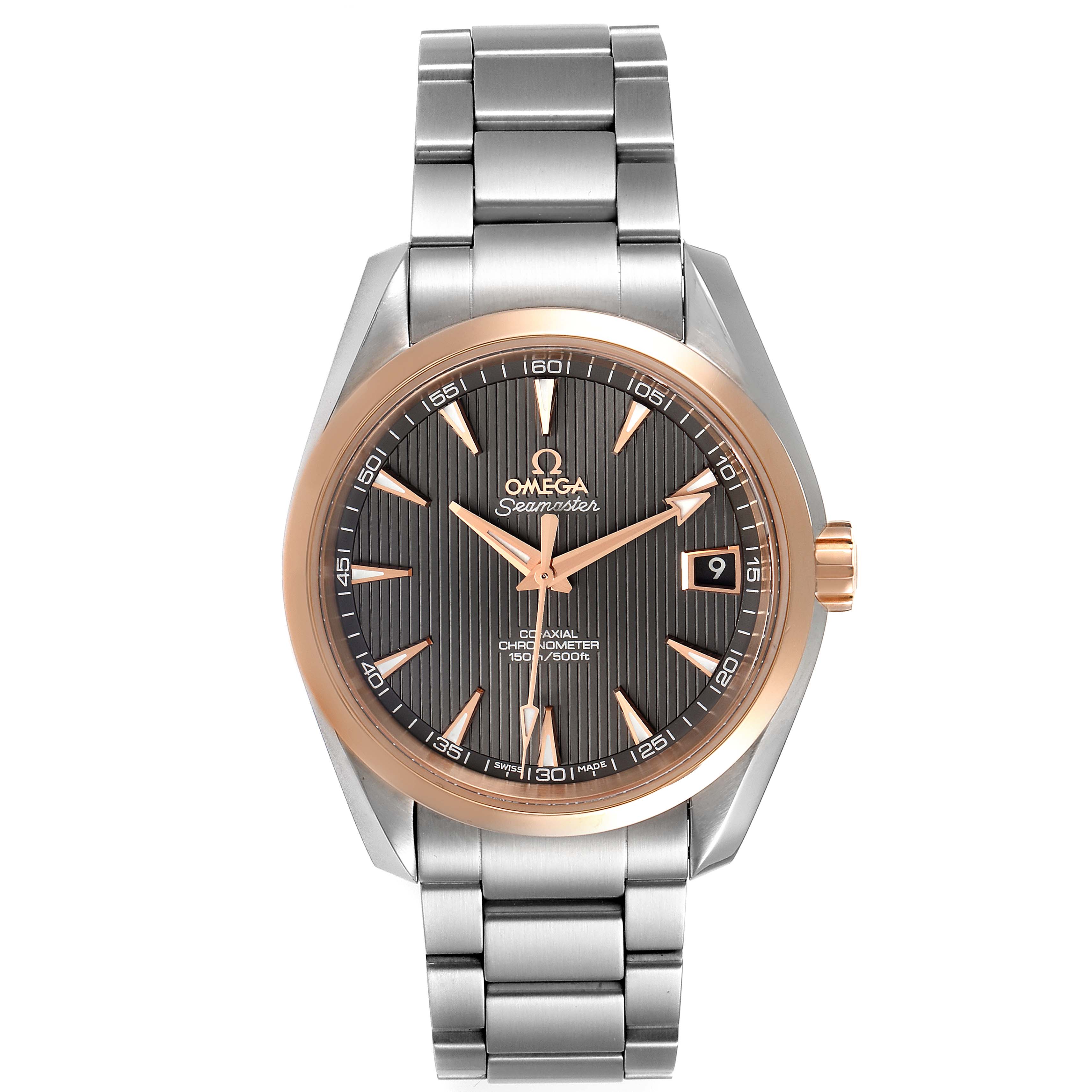 The image shows a front view of the Omega Aqua Terra 231.20.39.21.06.003 Men
s Steel and Gold (two tone) Grey Dial 231.20.39.21.06.003 Men
s Steel and Gold (two tone) Grey Dial watch, highlighting its face, bezel, bracelet, and crown.