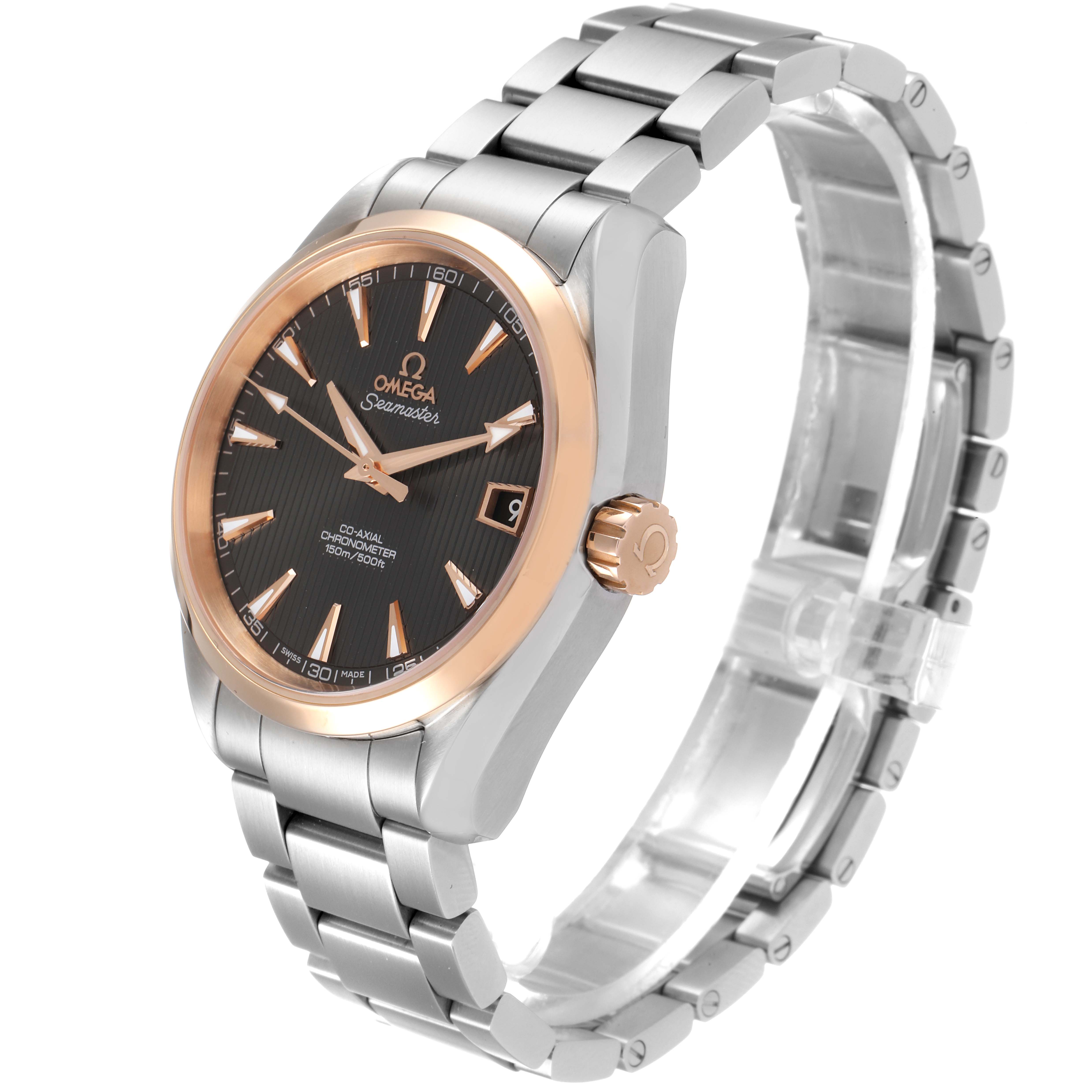 The image shows a side angle of the Omega Aqua Terra 231.20.39.21.06.003 Men
s Steel and Gold (two tone) Grey Dial 231.20.39.21.06.003 Men
s Steel and Gold (two tone) Grey Dial watch, highlighting the face, bezel, crown, and metal bracelet.