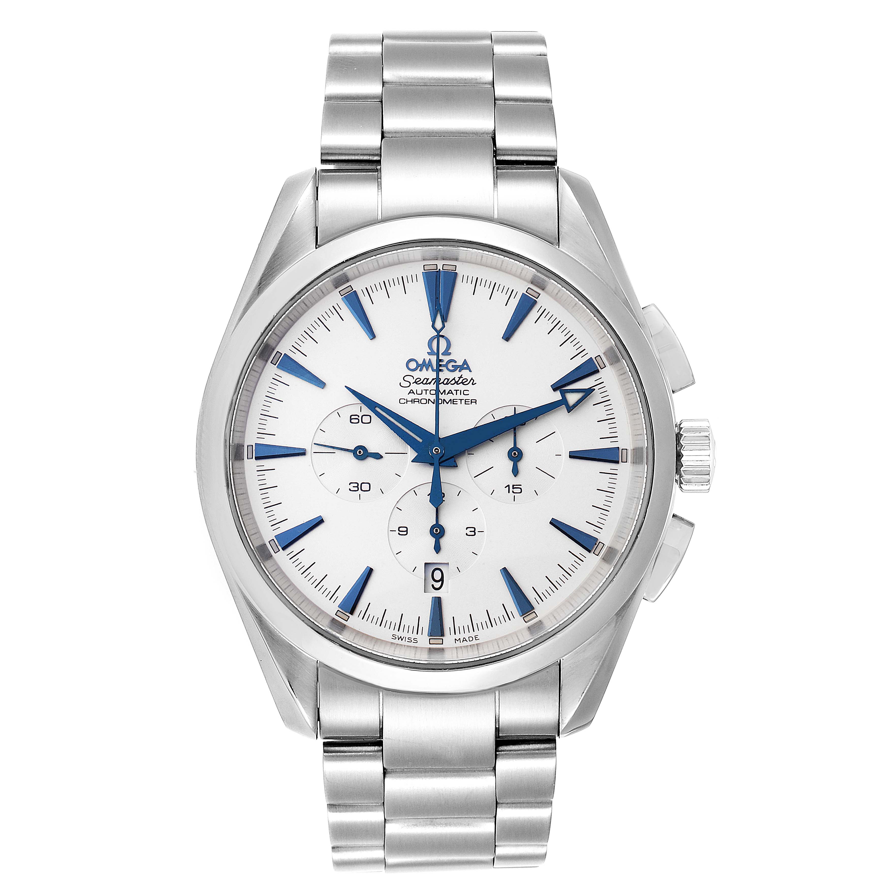The image shows the front view of the Omega Aqua Terra 2512.30.00 Men's Stainless Steel Silver Dial 2512.30.00 Men's Stainless Steel Silver Dial watch, highlighting its white dial, blue markers, stainless steel case, and bracelet.