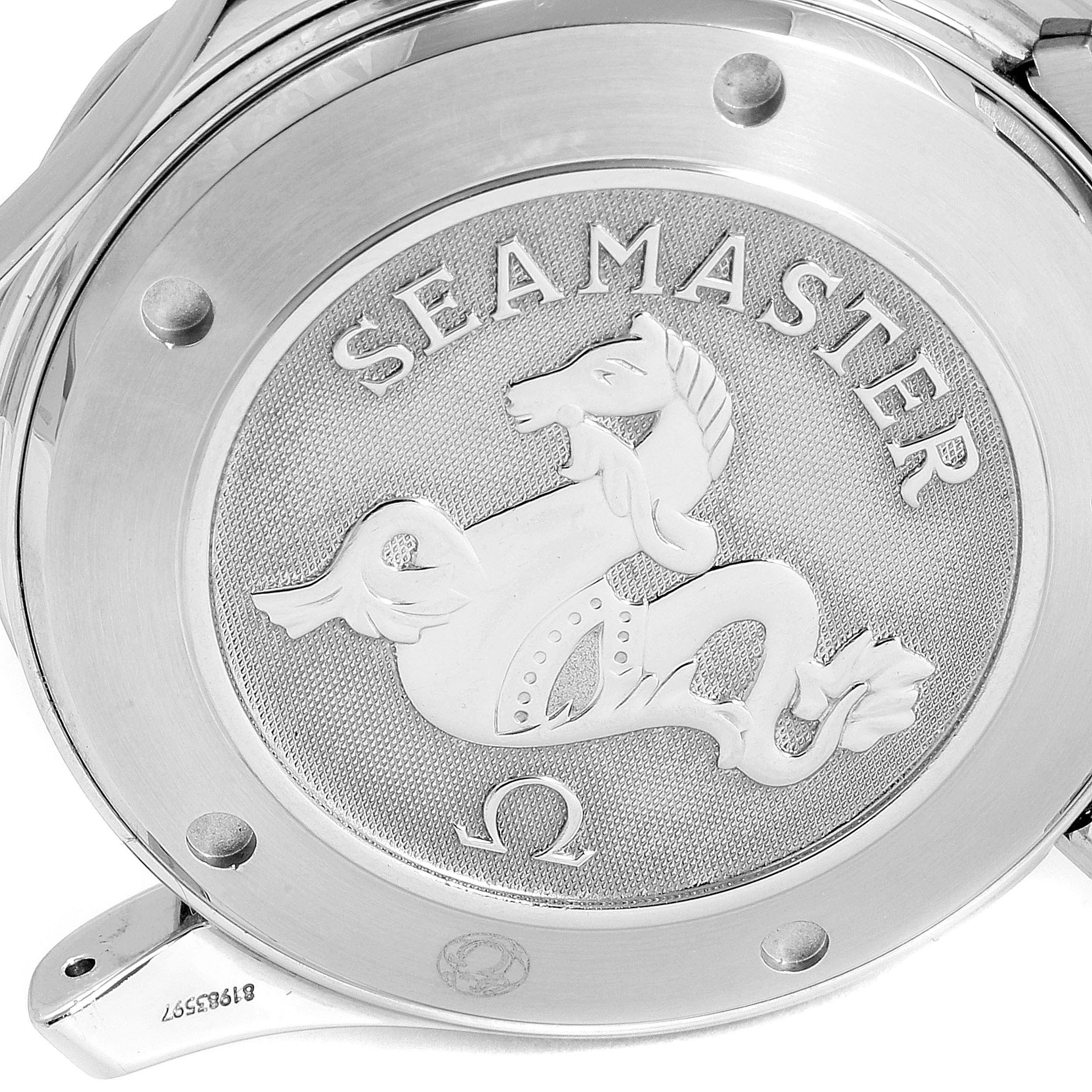 The image shows the case back of an Omega Seamaster 212.30.41.20.01.002 Men
s Stainless Steel Black Dial 212.30.41.20.01.002 Men
s Stainless Steel Black Dial watch featuring the Seamaster logo.