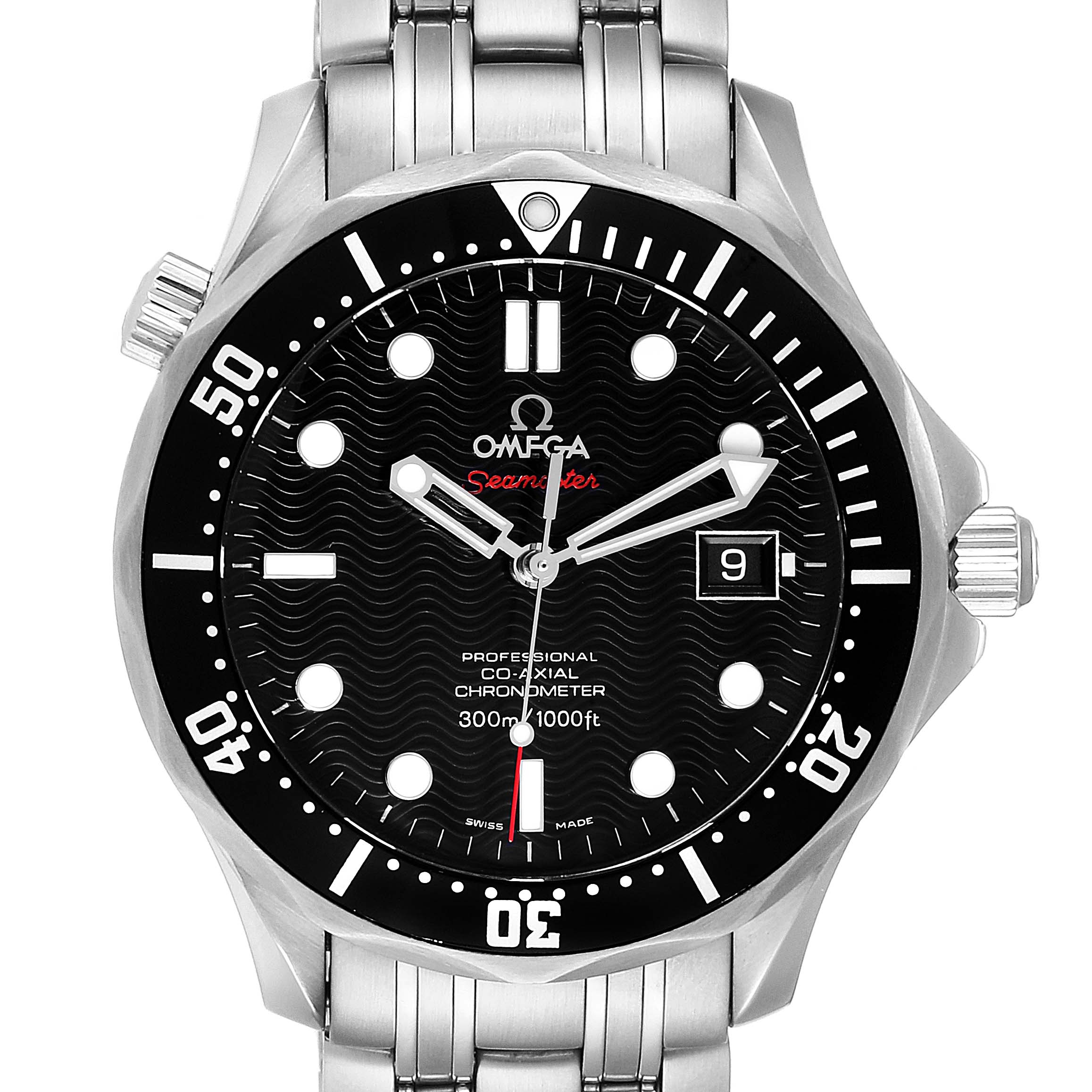 The image shows a front view of the Omega Seamaster 212.30.41.20.01.002 Men
s Stainless Steel Black Dial 212.30.41.20.01.002 Men
s Stainless Steel Black Dial watch, highlighting its black dial, bezel, and metal bracelet.