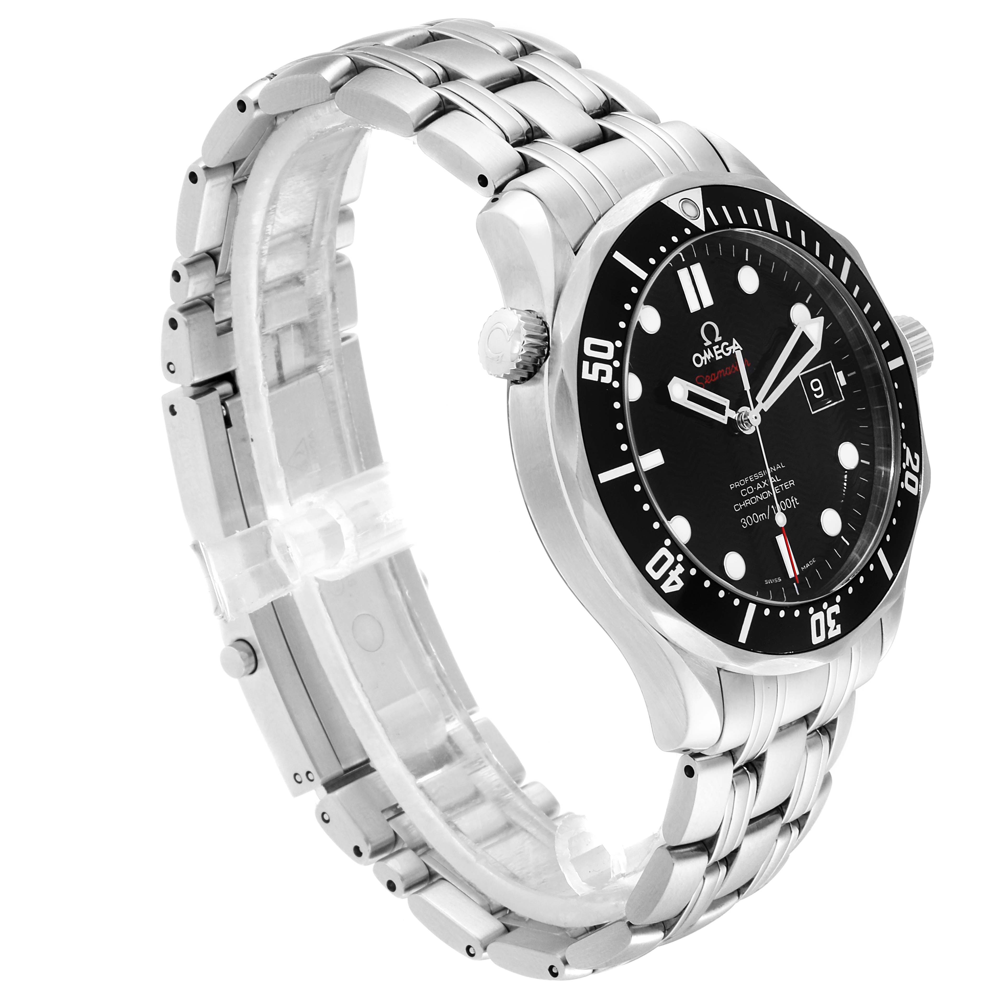 The image shows a side angle of the Omega Seamaster 212.30.41.20.01.002 Men
s Stainless Steel Black Dial 212.30.41.20.01.002 Men
s Stainless Steel Black Dial watch, highlighting the bezel, dial, crown, and metal bracelet.
