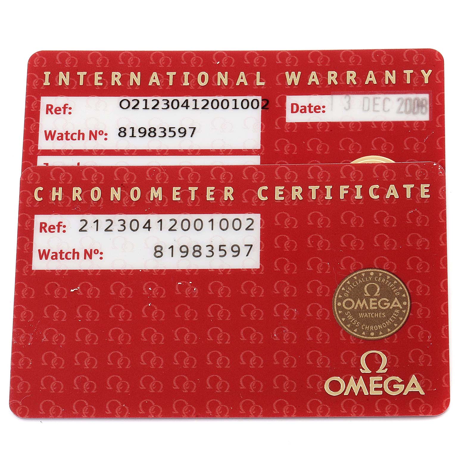This image shows the international warranty and chronometer certificate cards for the Omega Seamaster 212.30.41.20.01.002 Men
s Stainless Steel Black Dial 212.30.41.20.01.002 Men
s Stainless Steel Black Dial model.