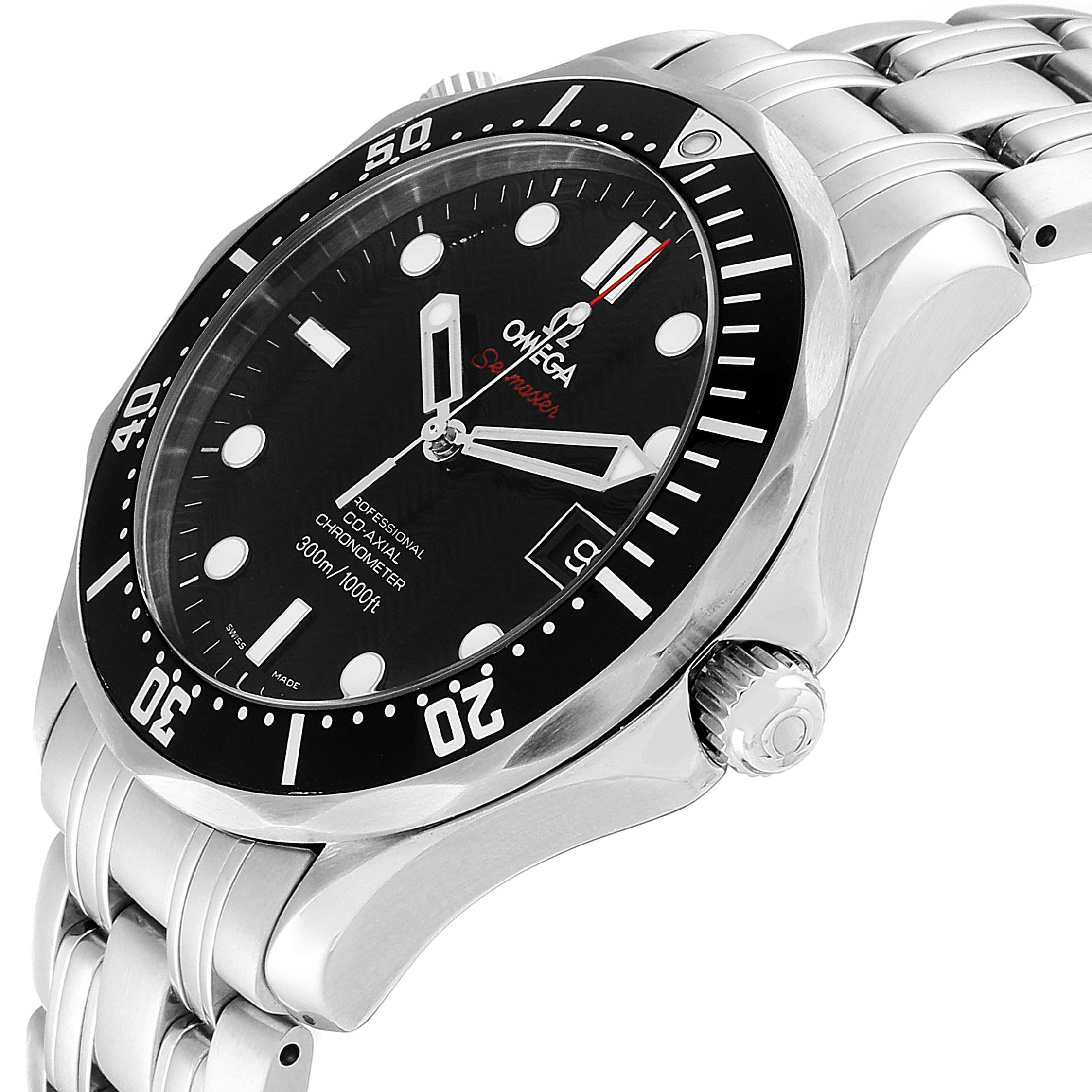 The image shows an angled side view of the Omega Seamaster 212.30.41.20.01.002 Men
s Stainless Steel Black Dial 212.30.41.20.01.002 Men
s Stainless Steel Black Dial watch, highlighting its face, bezel, crown, and stainless steel bracelet.