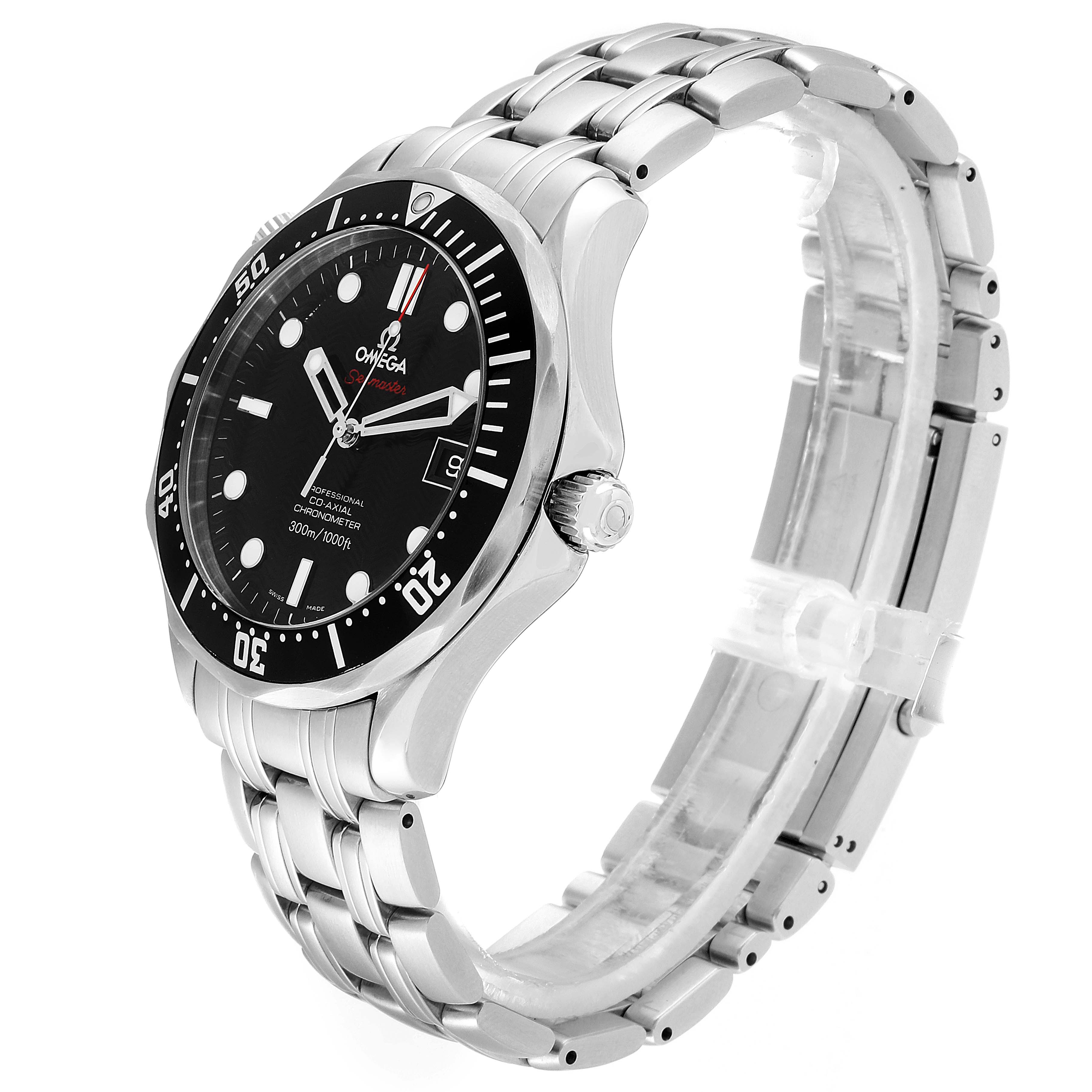 This image shows an Omega Seamaster 212.30.41.20.01.002 Men
s Stainless Steel Black Dial 212.30.41.20.01.002 Men
s Stainless Steel Black Dial watch at a three-quarter angle, highlighting the dial, bezel, case, and bracelet.