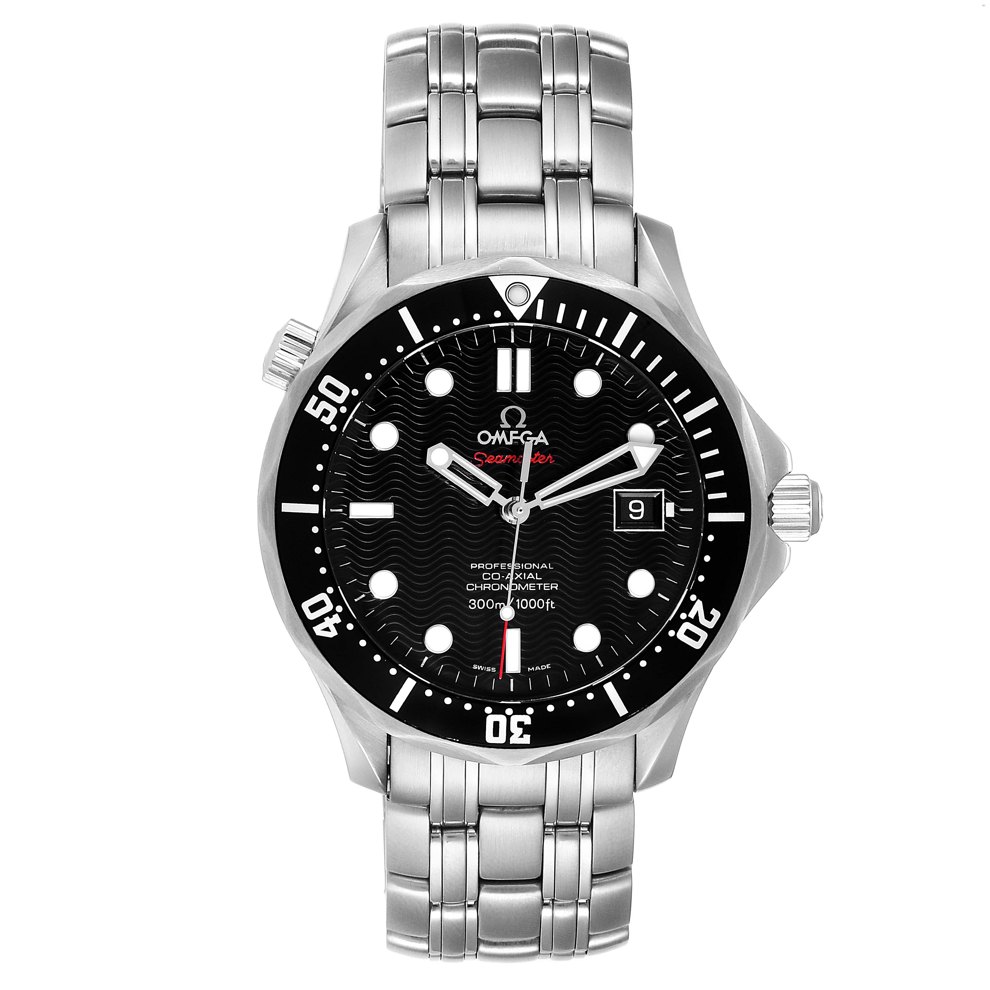 The image shows a frontal view of an Omega Seamaster 212.30.41.20.01.002 Men
s Stainless Steel Black Dial 212.30.41.20.01.002 Men
s Stainless Steel Black Dial watch, displaying its face, markers, bezel, crown, and metal bracelet.
