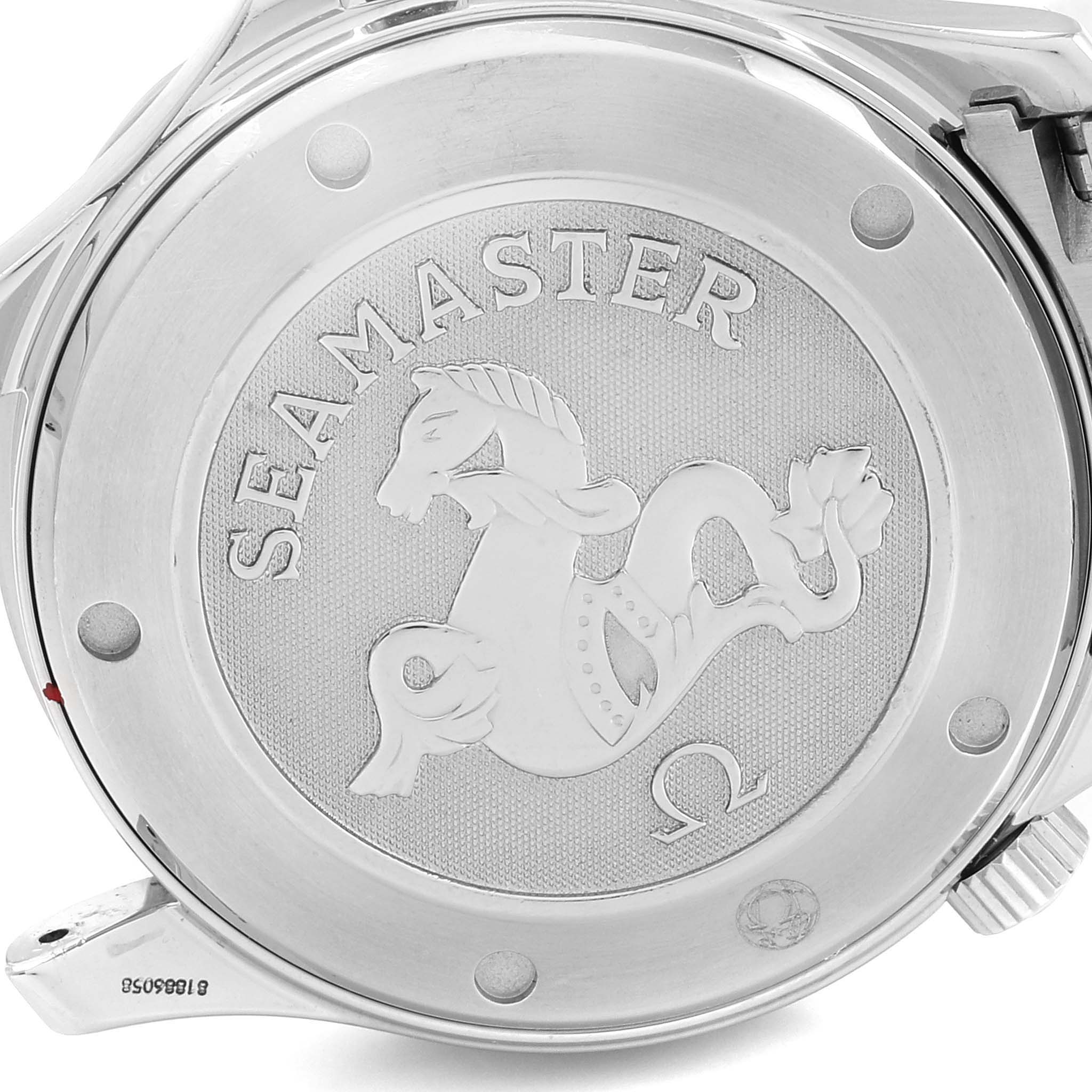 The image shows the back case of an Omega Seamaster 2220.80.00 Men
s Stainless Steel Blue Dial 2220.80.00 Men
s Stainless Steel Blue Dial watch featuring the Seamaster logo and engravings.