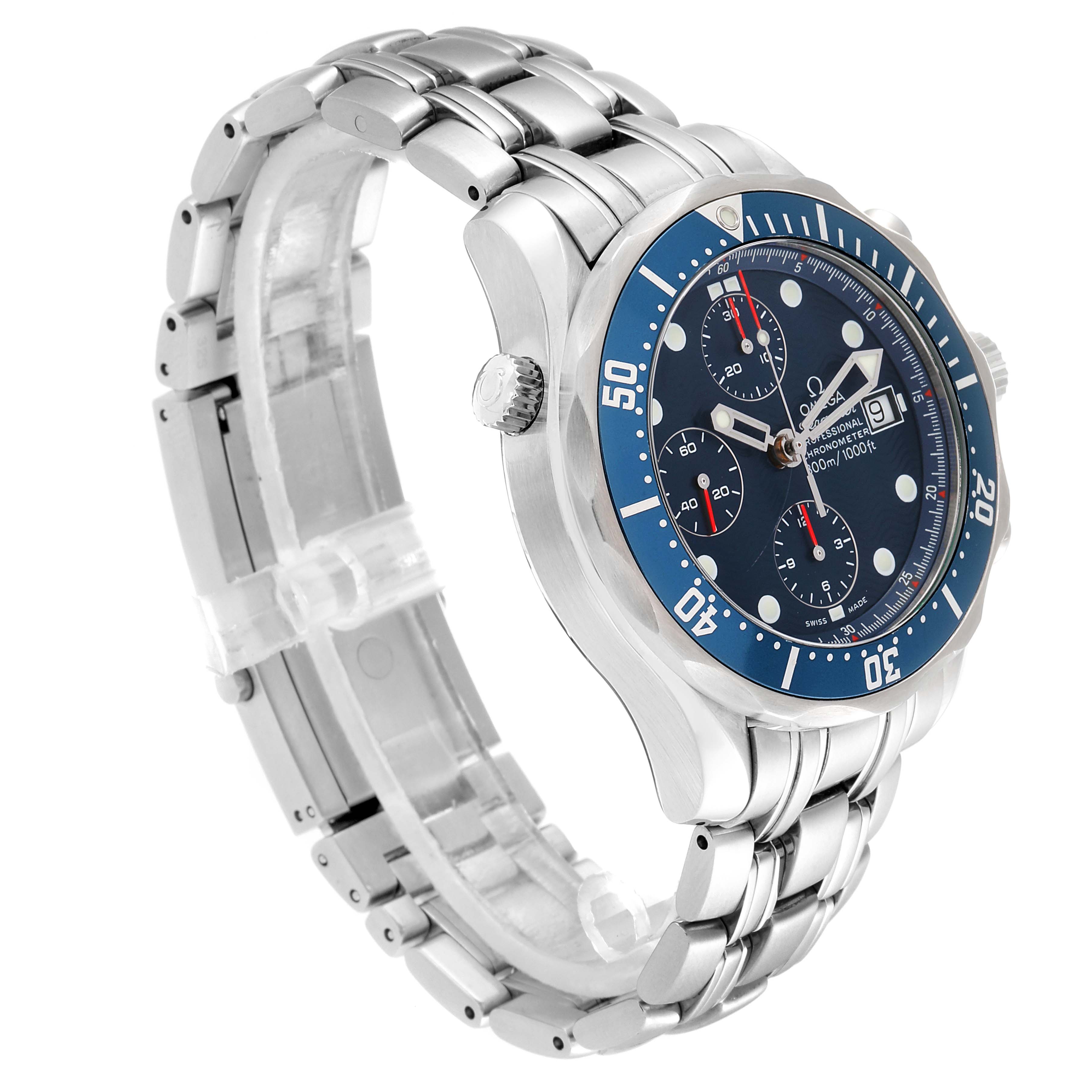 The Omega Seamaster 2599.80.00 Men
s Stainless Steel Blue Dial 2599.80.00 Men
s Stainless Steel Blue Dial watch is shown from a side-angle, displaying the dial, bezel, case, crown, and bracelet.