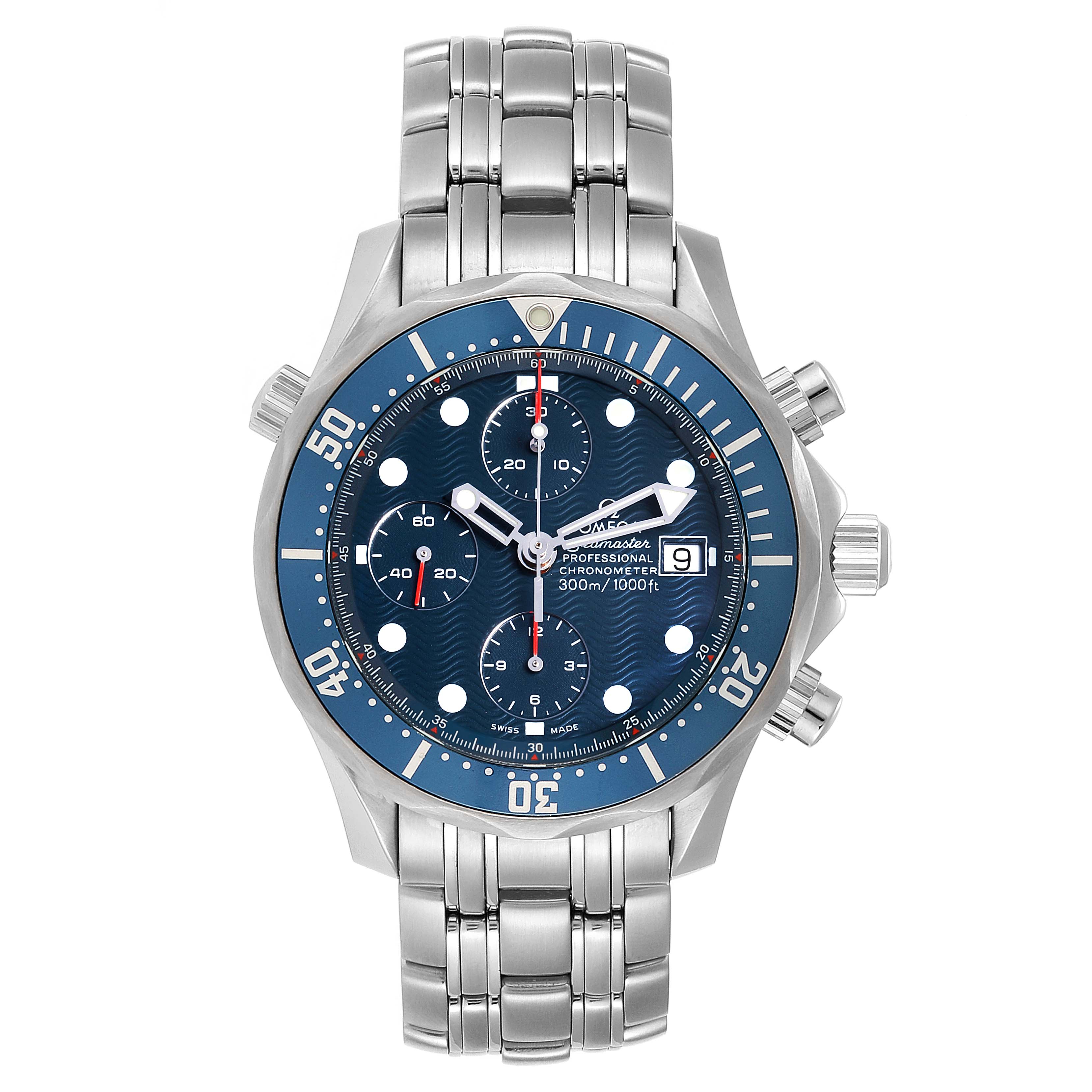 The image shows a front view of an Omega Seamaster 2599.80.00 Men
s Stainless Steel Blue Dial 2599.80.00 Men
s Stainless Steel Blue Dial watch, displaying its blue dial, chronograph subdials, and stainless steel bracelet.