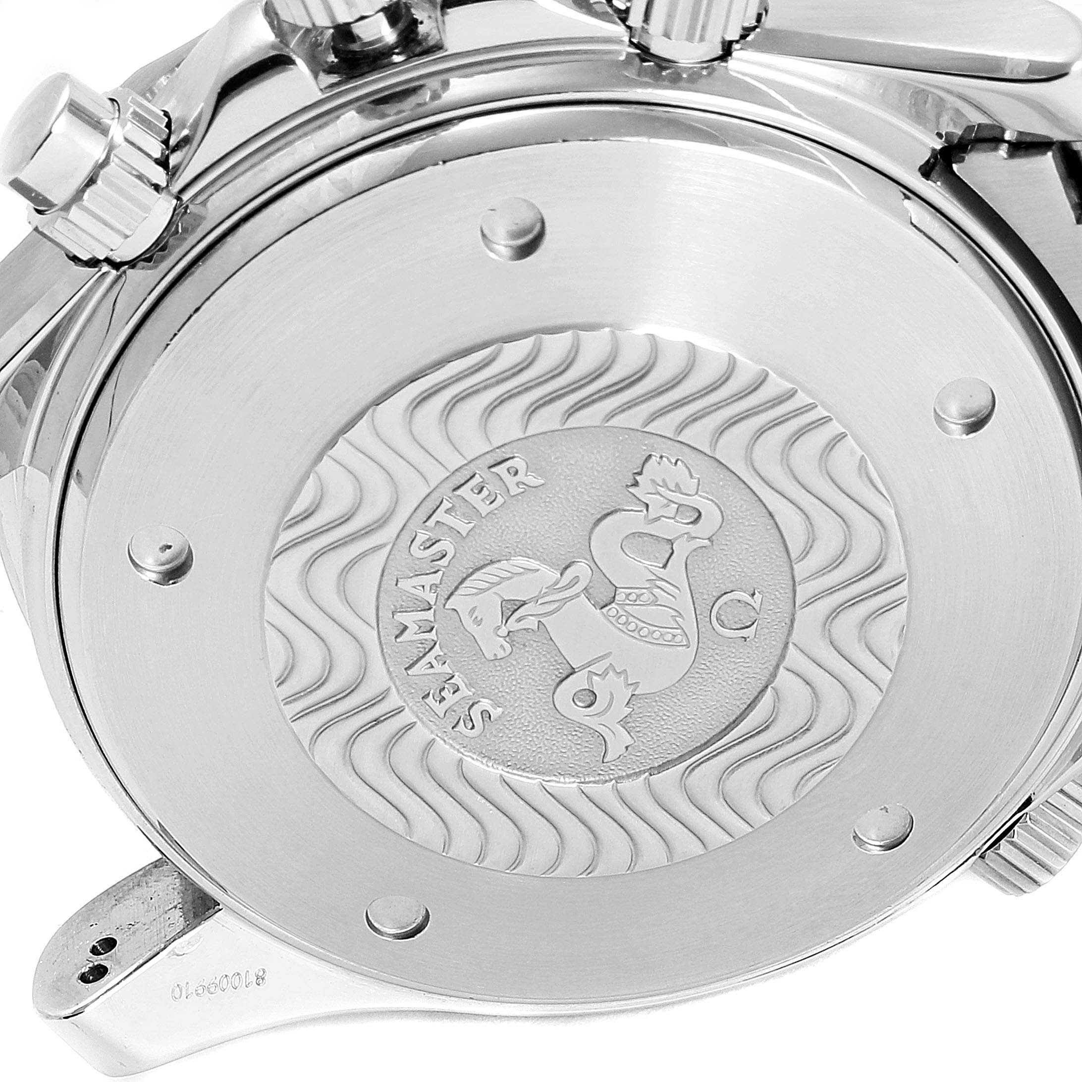 The image shows the engraved case back of an Omega Seamaster 2599.80.00 Men
s Stainless Steel Blue Dial 2599.80.00 Men
s Stainless Steel Blue Dial watch from a close-up angle.