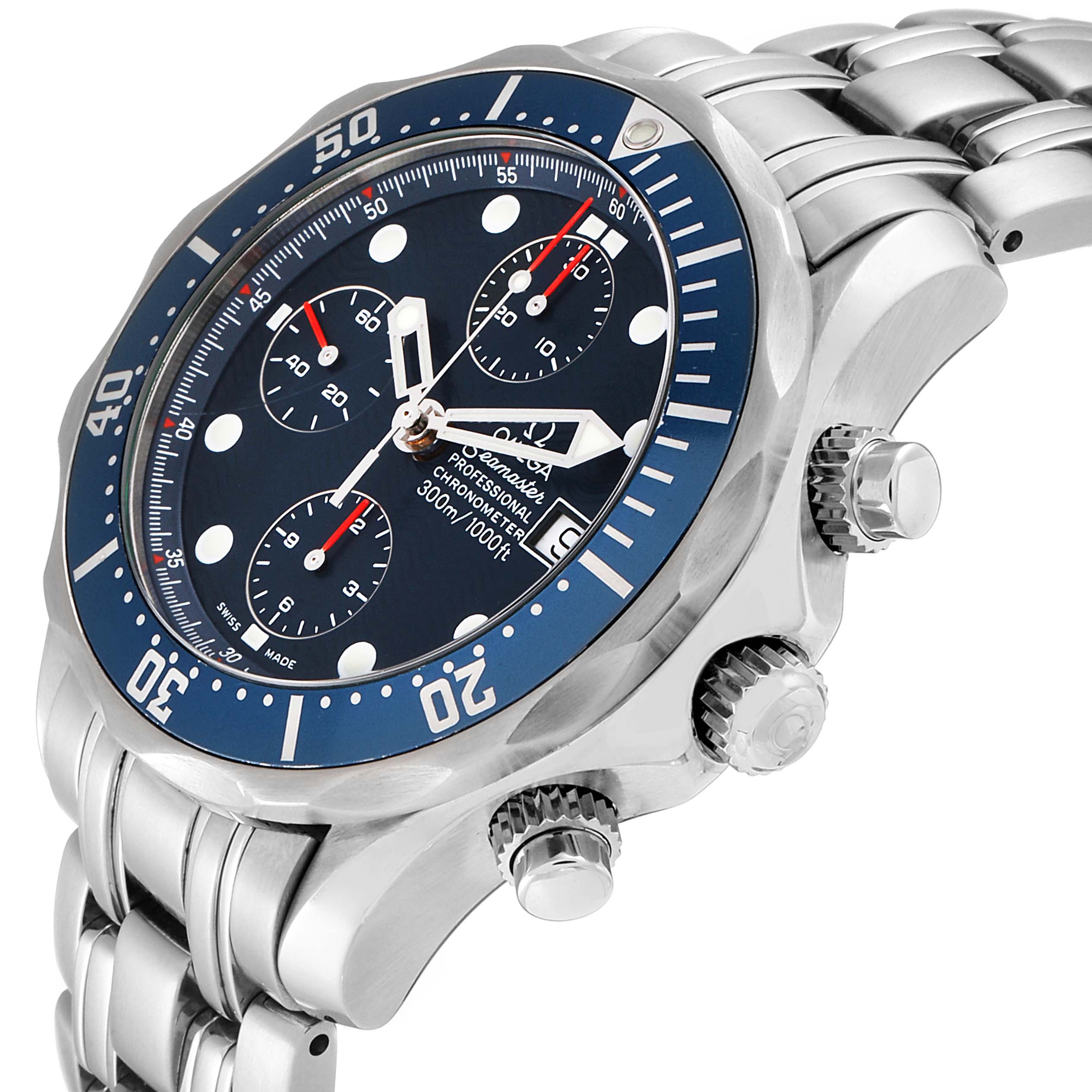 The image shows a close-up side view of the Omega Seamaster 2599.80.00 Men
s Stainless Steel Blue Dial 2599.80.00 Men
s Stainless Steel Blue Dial watch, highlighting the bezel, crown, pushers, and bracelet.