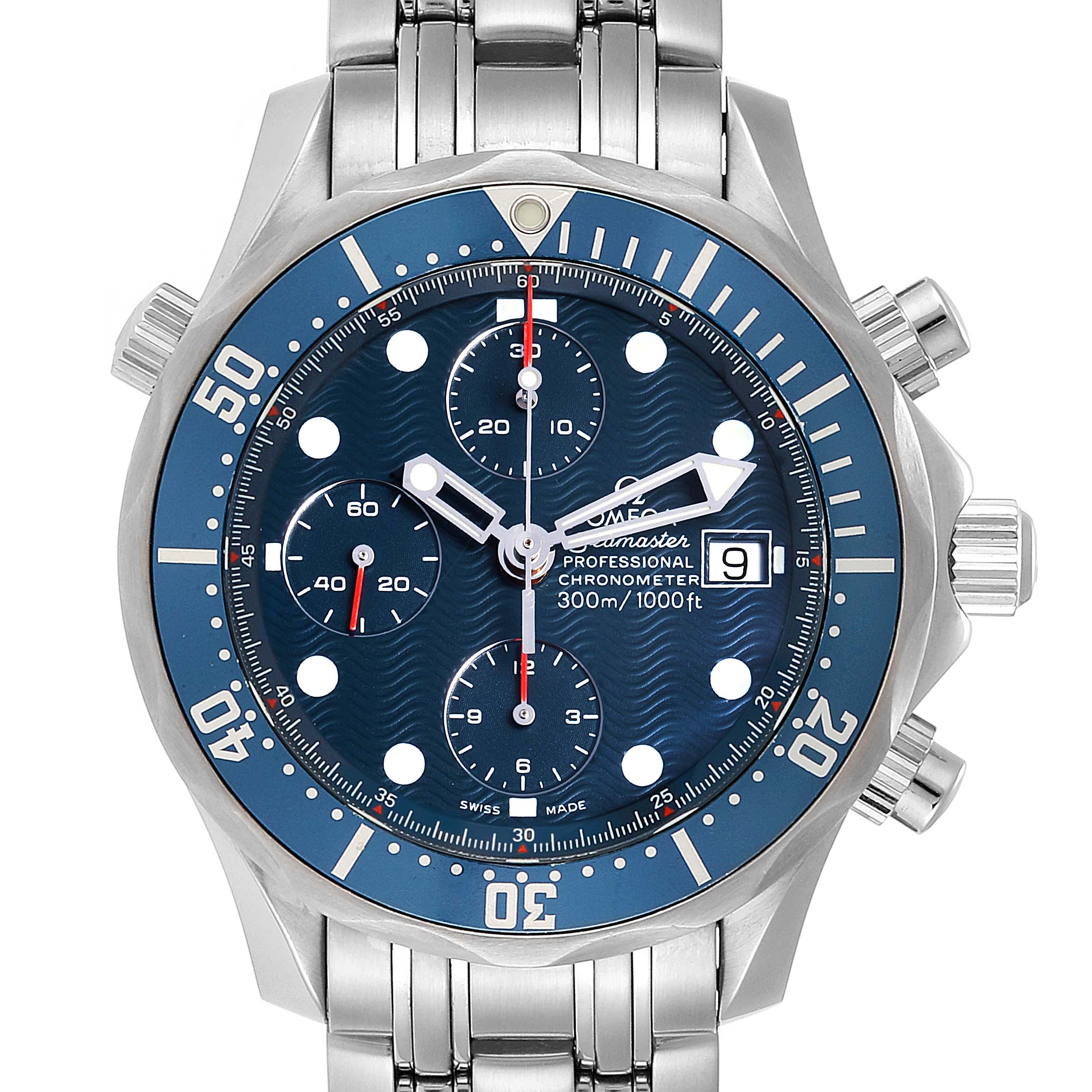 The image shows a frontal view of the Omega Seamaster 2599.80.00 Men
s Stainless Steel Blue Dial 2599.80.00 Men
s Stainless Steel Blue Dial Professional Chronometer watch, highlighting the dial, bezel, and bracelet.